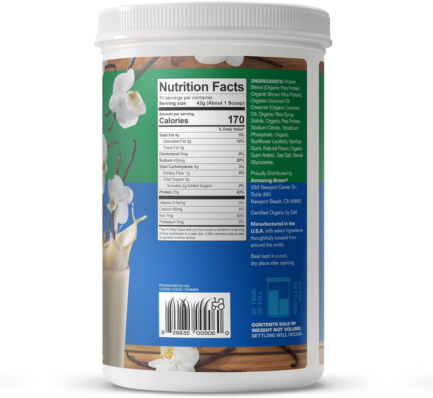 Organic Plant-Based Protein Powder - Creamy Vanilla Flavor, 25g Protein, Dairy, Gluten, Soy Free - 10 Servings