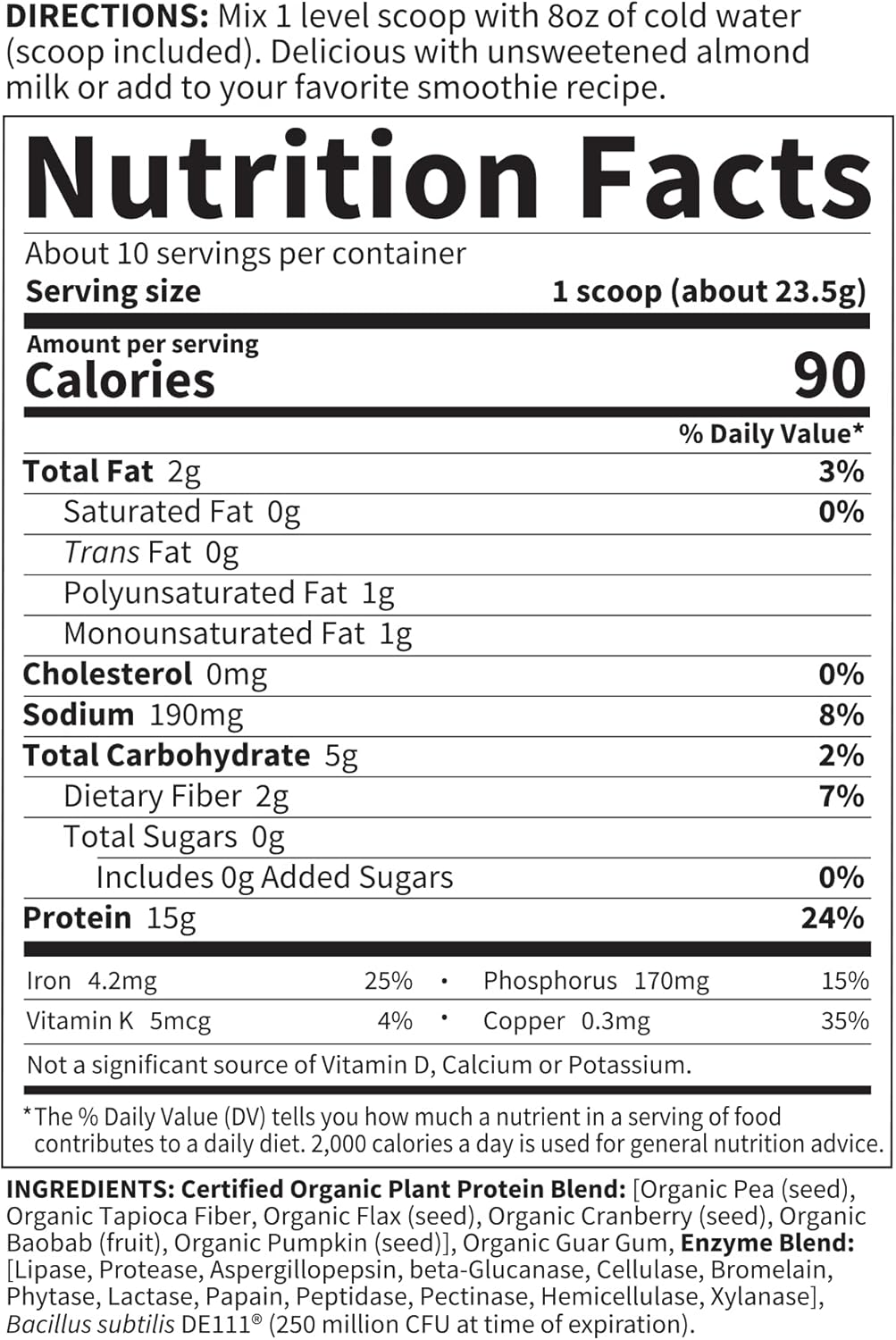 Organic Plant Based Protein Powder - Unflavored Vegan Shake with Probiotics & Enzymes - Gluten & Grain Free - 10 Servings, 15g Protein, Sugar & Stevia Free