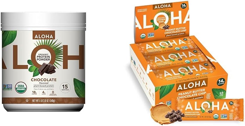 Organic Plant-Based Protein Powder & Bars Bundle - Chocolate Flavor, 19.6 oz Powder & 12 Peanut Butter Chocolate Chip Bars, Vegan-Friendly