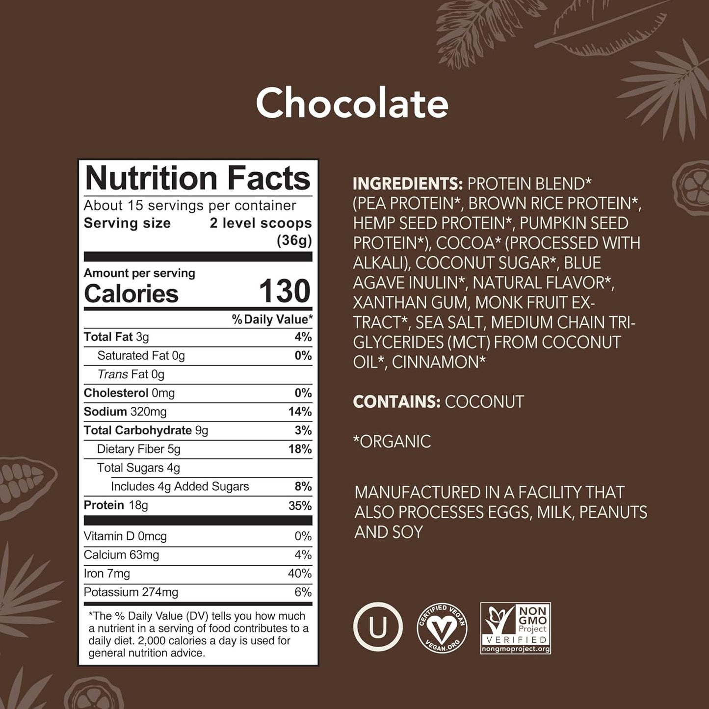 Organic Plant-Based Protein Powder & Bars Bundle - Chocolate Flavor, 19.6 oz Powder & 12 Peanut Butter Chocolate Chip Bars, Vegan-Friendly