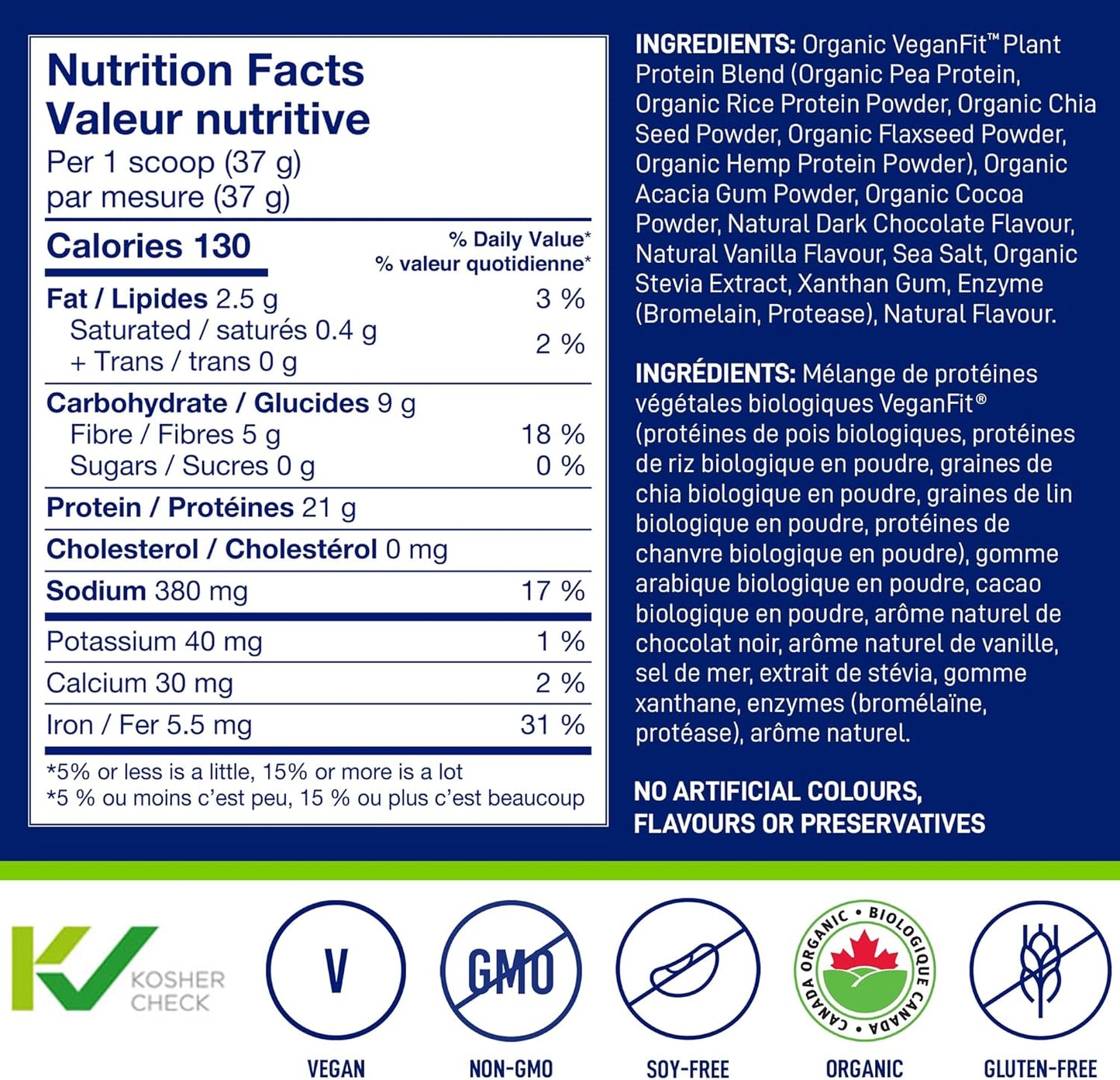 Organic Plant-Based Protein Powder, Chocolate Flavor - Vegan, USDA Certified, Soy-Free, Gluten-Free, Dairy-Free, Non-GMO - 21g Protein, 18 Servings, 1.58lb Tub