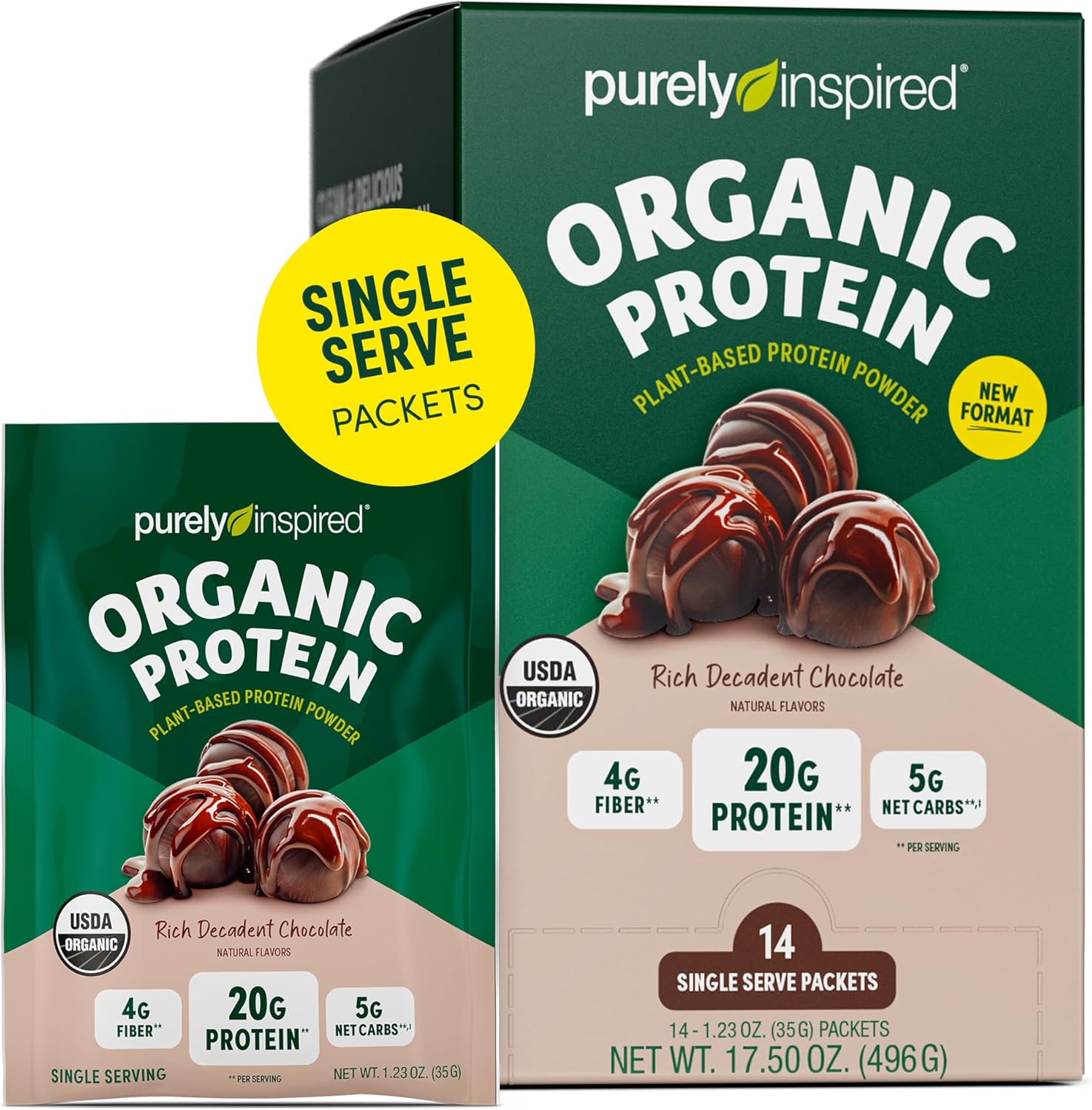 Organic Plant-Based Protein Powder Packets, Rich Chocolate Flavor - 20g Protein for Smoothies & Shakes - Dairy-Free, Non-GMO - 14 Servings - Men & Women