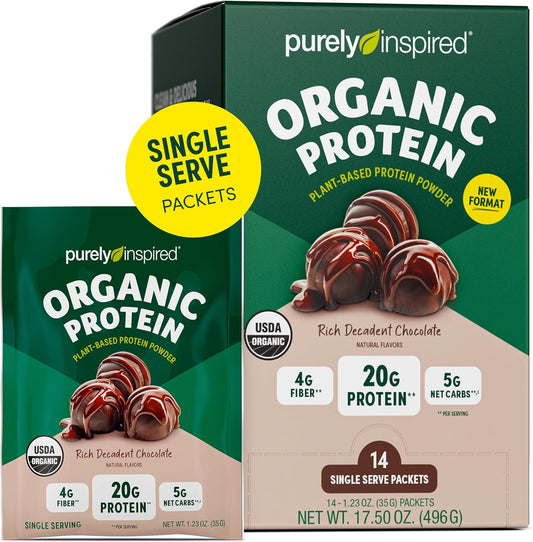 Organic Plant-Based Protein Powder Packets, Rich Chocolate Flavor - 20g Protein for Smoothies & Shakes - Dairy-Free, Non-GMO - 14 Servings - Men & Women