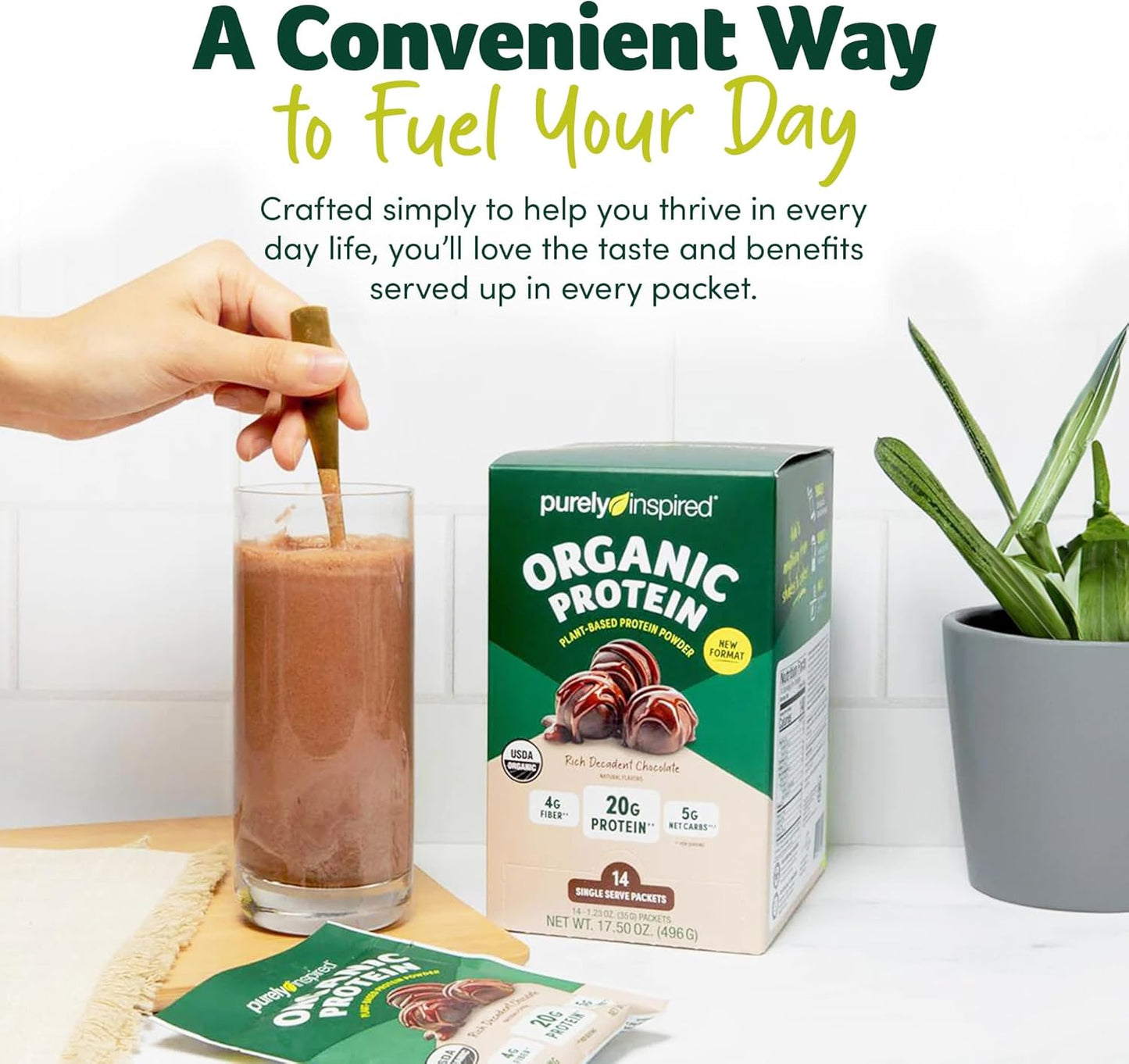 Organic Plant-Based Protein Powder Packets, Rich Chocolate Flavor - 20g Protein for Smoothies & Shakes - Dairy-Free, Non-GMO - 14 Servings - Men & Women