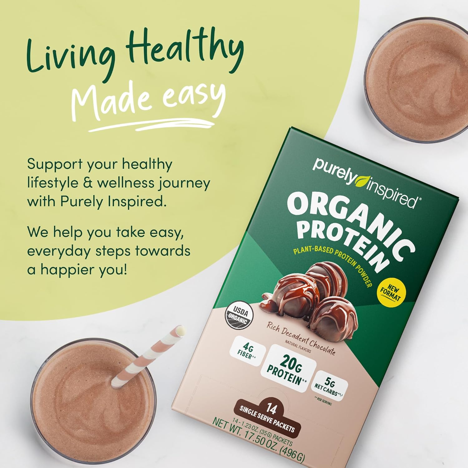 Organic Plant-Based Protein Powder Packets, Rich Chocolate Flavor - 20g Protein for Smoothies & Shakes - Dairy-Free, Non-GMO - 14 Servings - Men & Women