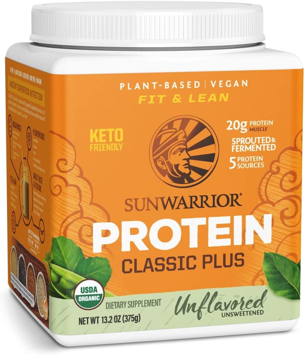 Organic Plant-Based Protein Powder with Superfoods | Sunwarrior Classic Plus | Unflavored | 15 Servings | Vegan, Non-GMO, Dairy-Free