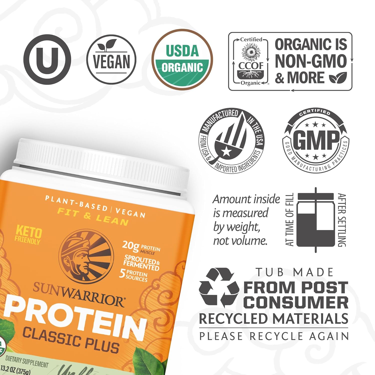 Organic Plant-Based Protein Powder with Superfoods | Sunwarrior Classic Plus | Unflavored | 15 Servings | Vegan, Non-GMO, Dairy-Free