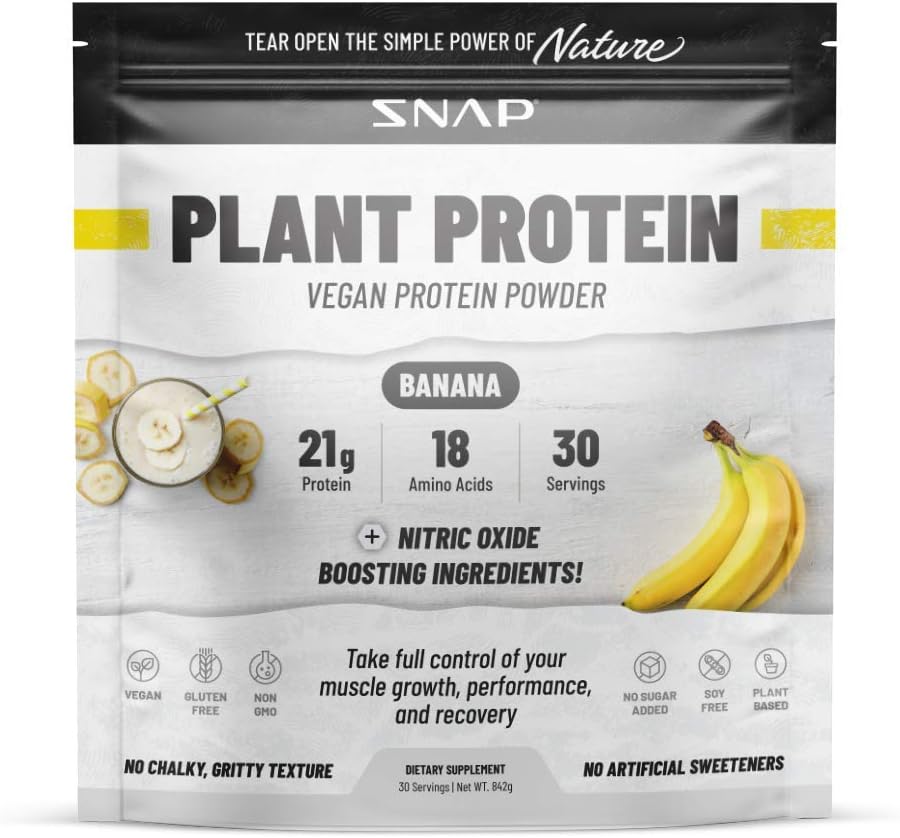Organic Plant-Based Vegan Protein Powder with Nitric Oxide Boosting Formula - BCAA Amino Acid for Muscle Growth, Performance & Recovery - 30 Servings (Banana)