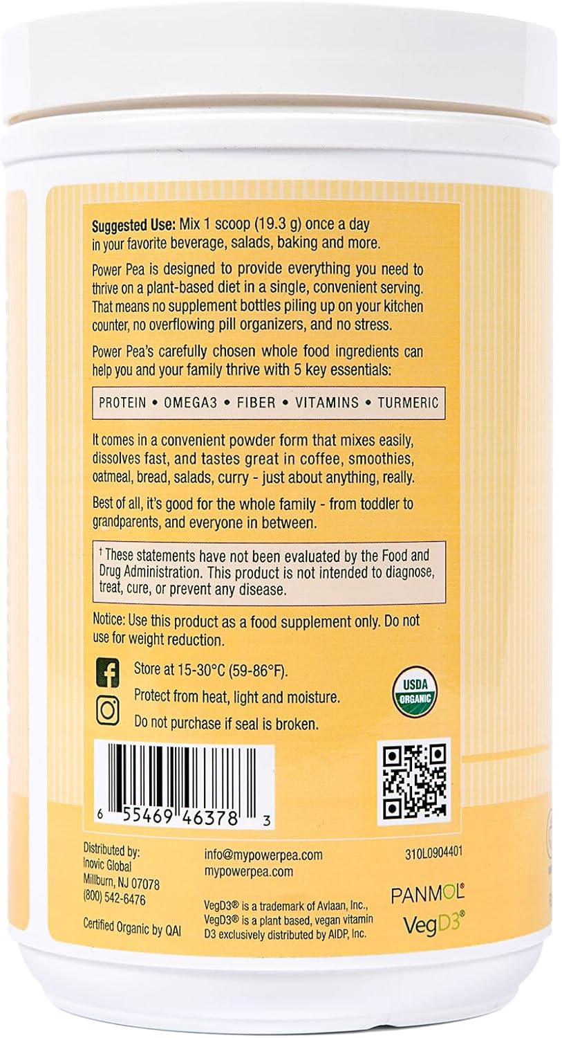 Organic Plant-Based Vegan Protein with Vitamins, Fiber, and Omega 3 - Unflavored Kids Nutrition Supplement - Non-GMO Dairy and Gluten Free