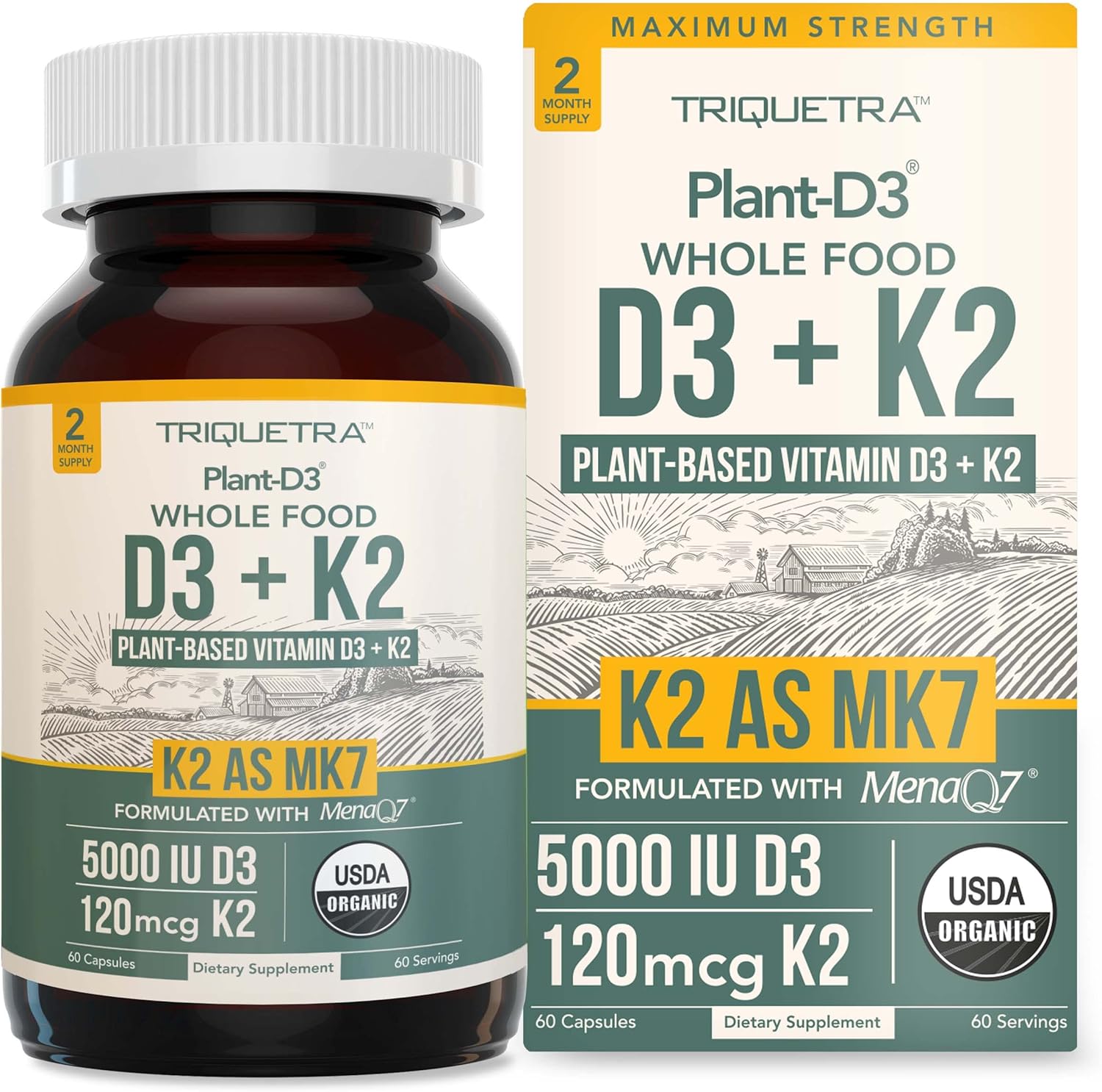 Organic Plant-Based Vitamin D3 + K2 Capsules for Enhanced Digestion - Vegan & Raw Formula with Prebiotic & Superfood Complex - 60 Count