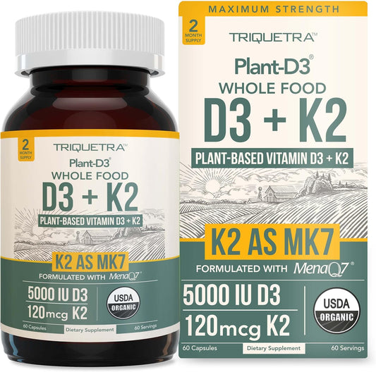 Organic Plant-Based Vitamin D3 + K2 Capsules for Enhanced Digestion - Vegan & Raw Formula with Prebiotic & Superfood Complex - 60 Count
