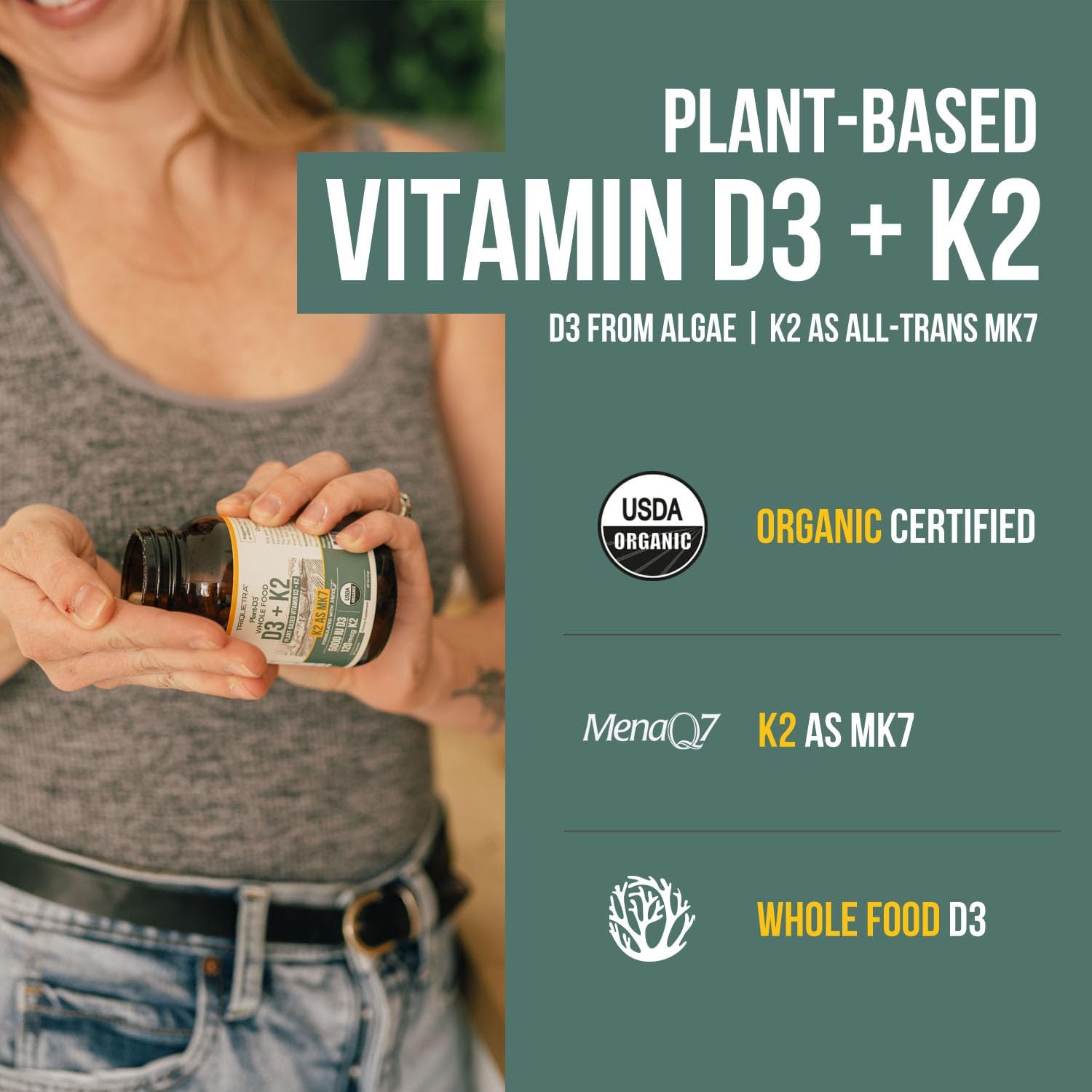 Organic Plant-Based Vitamin D3 + K2 Capsules for Enhanced Digestion - Vegan & Raw Formula with Prebiotic & Superfood Complex - 60 Count