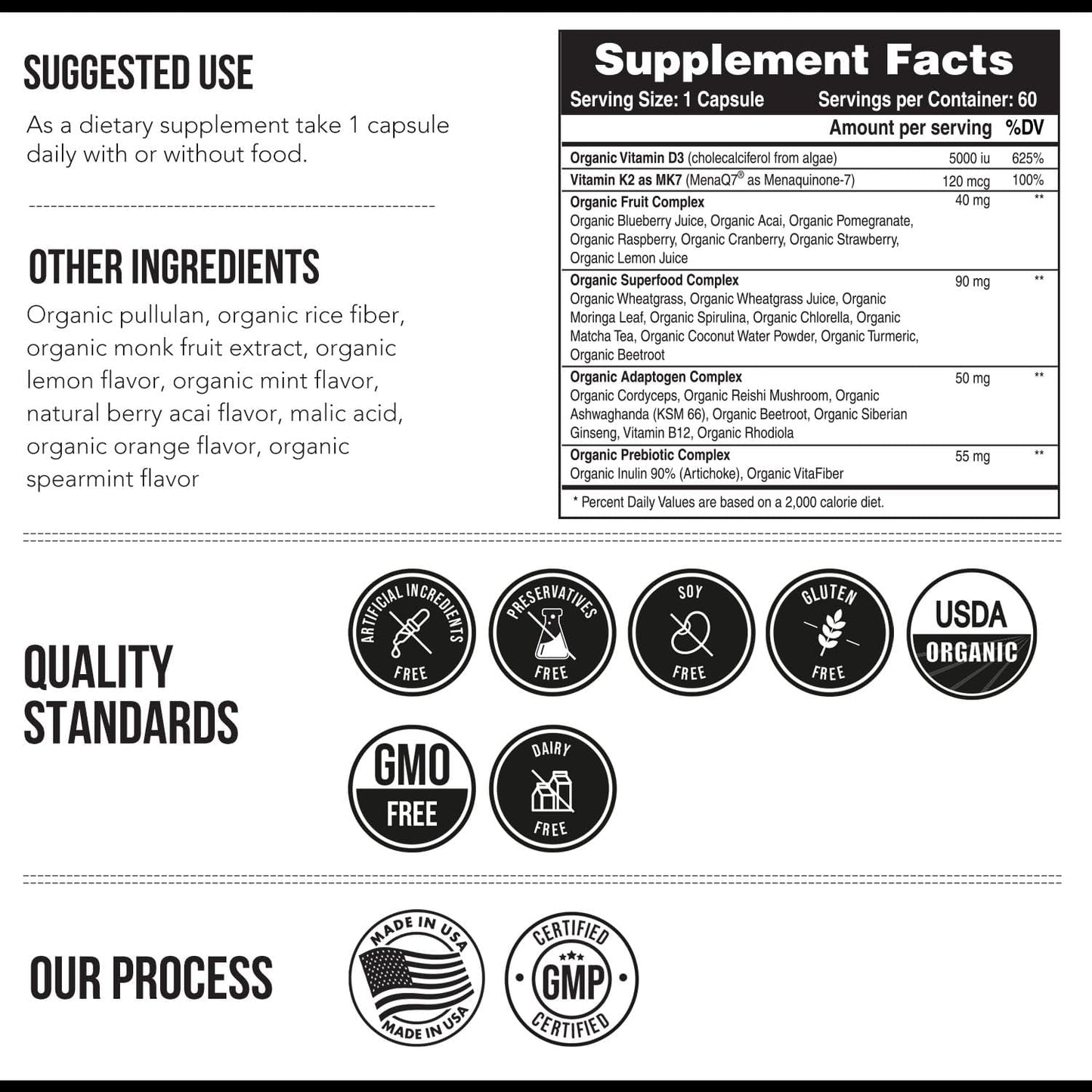 Organic Plant-Based Vitamin D3 + K2 Capsules for Enhanced Digestion - Vegan & Raw Formula with Prebiotic & Superfood Complex - 60 Count