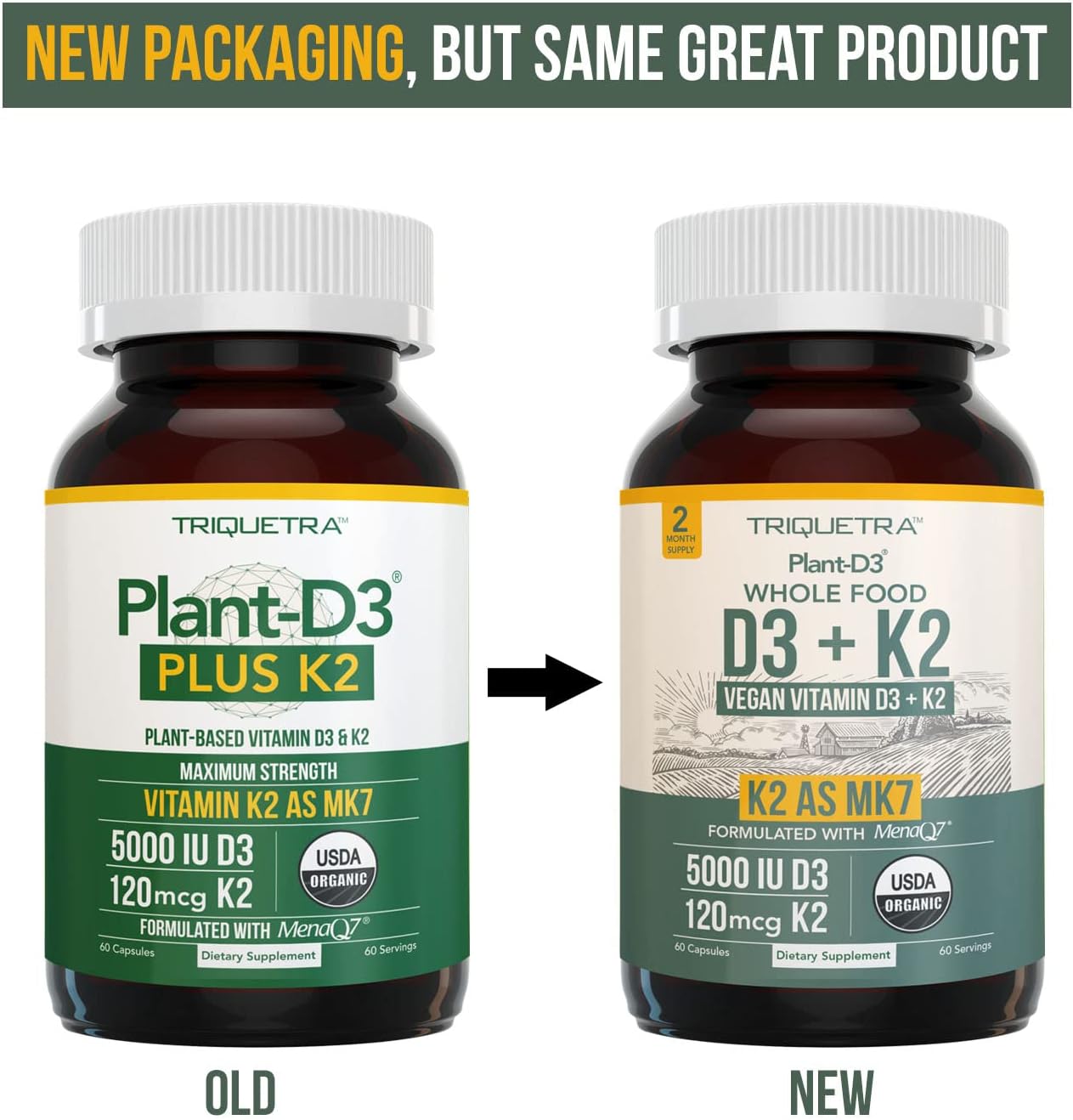 Organic Plant-Based Vitamin D3 + K2 Capsules for Enhanced Digestion - Vegan & Raw Formula with Prebiotic & Superfood Complex - 60 Count