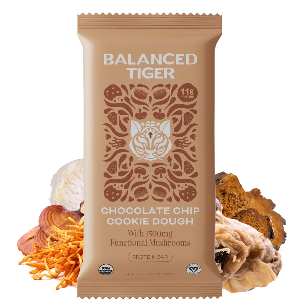 Organic Plant Protein Bars with Functional Mushrooms 1500mg Lions Mane, Chaga, Reishi & Cordyceps | Vegan Superfood Bars Made in USA | Chocolate Chip Cookie Dough Flavor
