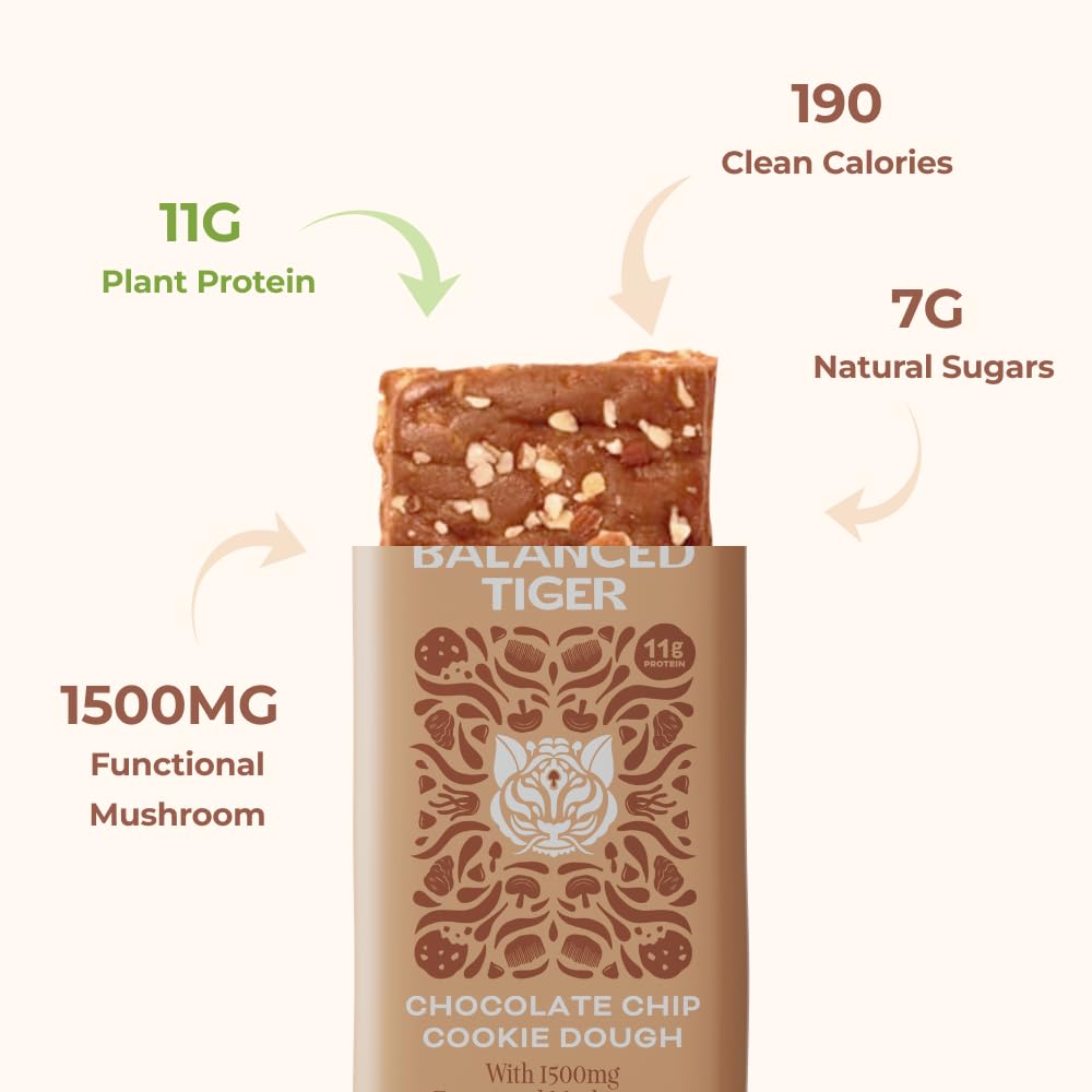 Organic Plant Protein Bars with Functional Mushrooms 1500mg Lions Mane, Chaga, Reishi & Cordyceps | Vegan Superfood Bars Made in USA | Chocolate Chip Cookie Dough Flavor