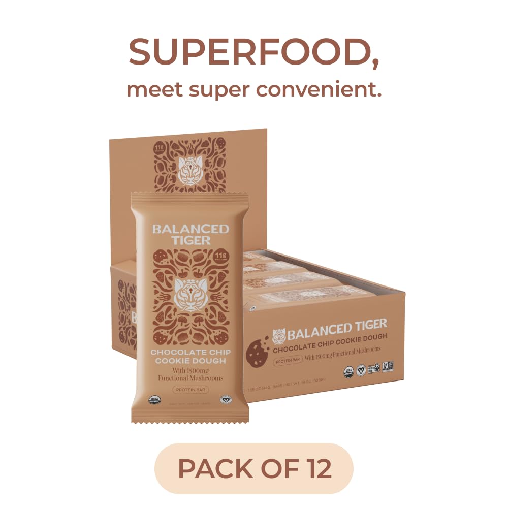 Organic Plant Protein Bars with Functional Mushrooms 1500mg Lions Mane, Chaga, Reishi & Cordyceps | Vegan Superfood Bars Made in USA | Chocolate Chip Cookie Dough Flavor