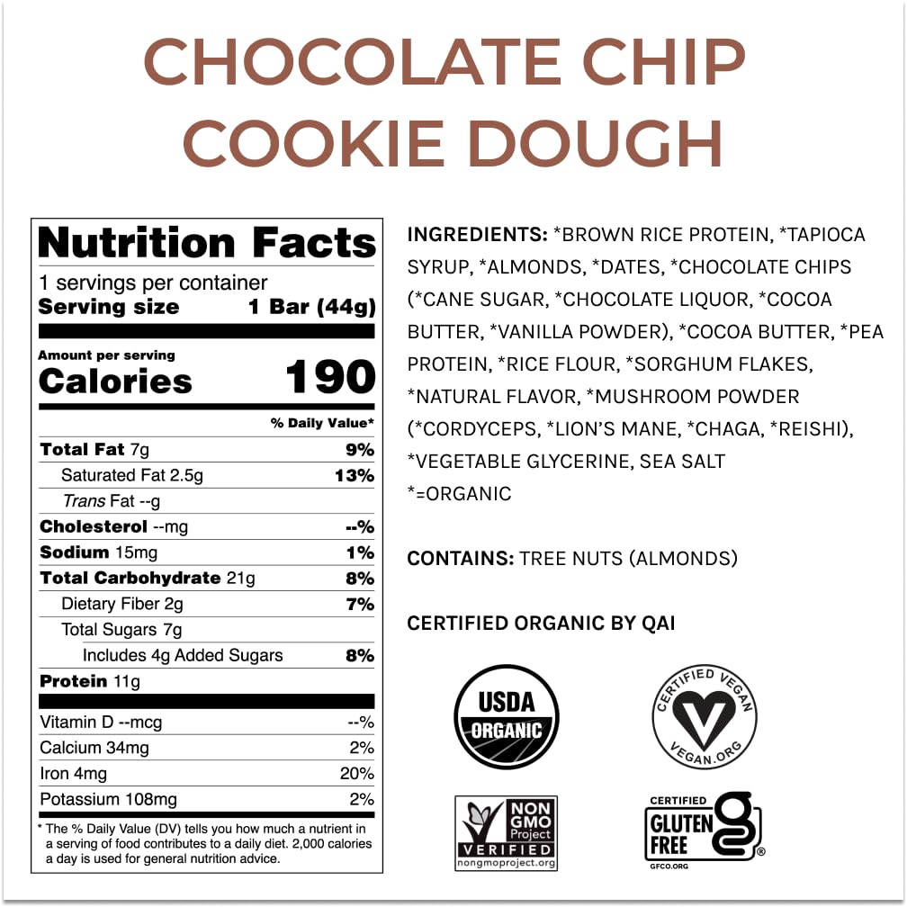 Organic Plant Protein Bars with Functional Mushrooms 1500mg Lions Mane, Chaga, Reishi & Cordyceps | Vegan Superfood Bars Made in USA | Chocolate Chip Cookie Dough Flavor