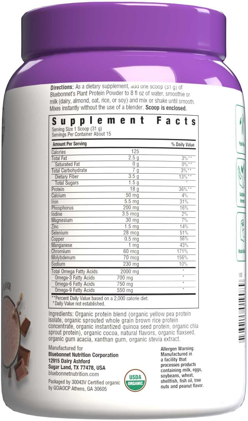 Organic Plant Protein Powder - 18g Protein, 3.5g Fiber - Chia & Quinoa - Non-GMO, Vegan, Kosher - USDA Organic - Chocolate Flavor - 1 LB