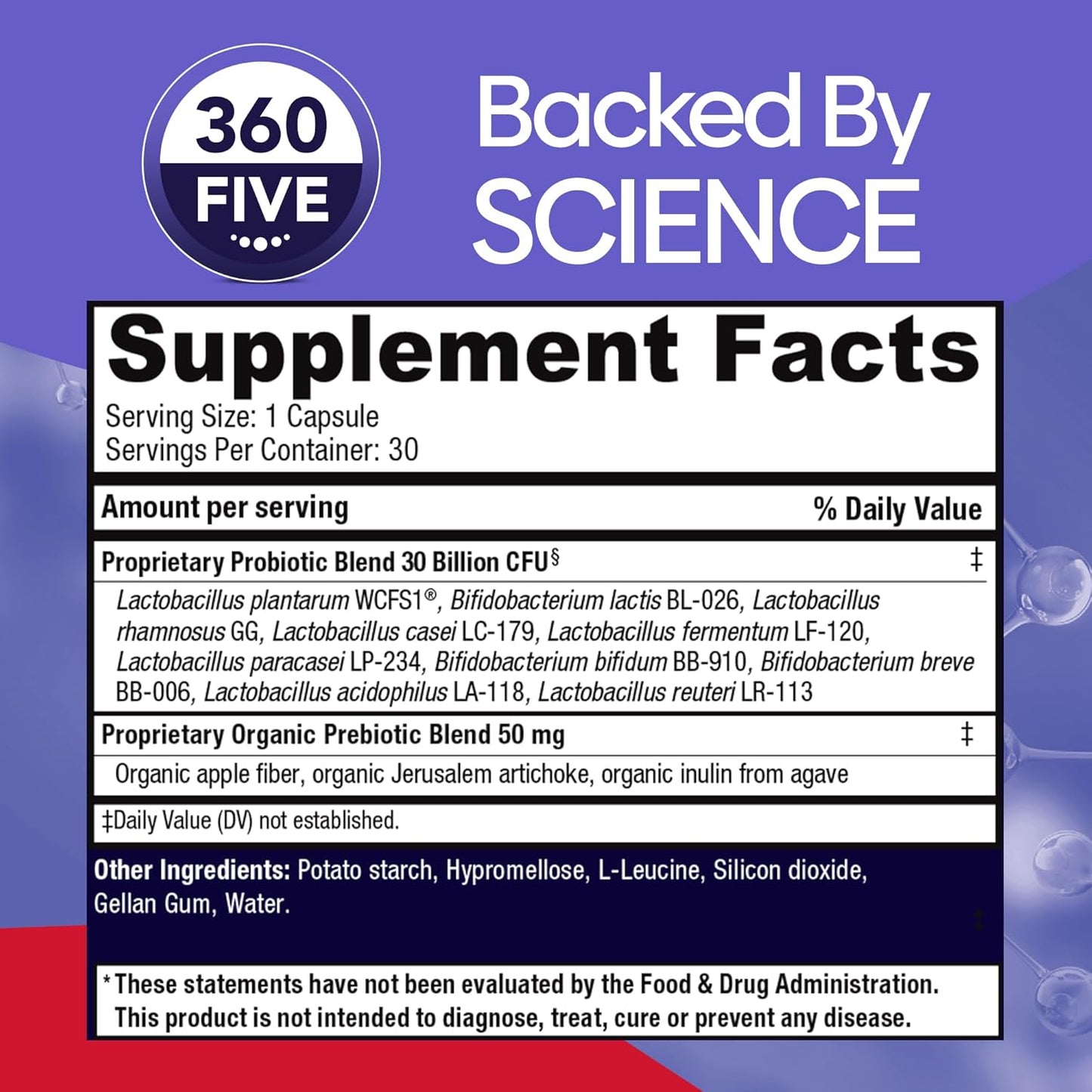 Organic Prebiotic Fiber Probiotic Supplement for Digestive & Immune Health, 30 Billion CFU, 10 Strains, 30CT