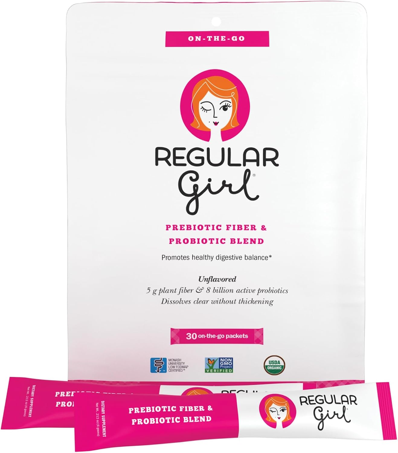 Organic Prebiotic Fiber Supplement for Women - Regular Girl Powder, Low FODMAP, 30 On-The-Go Packets
