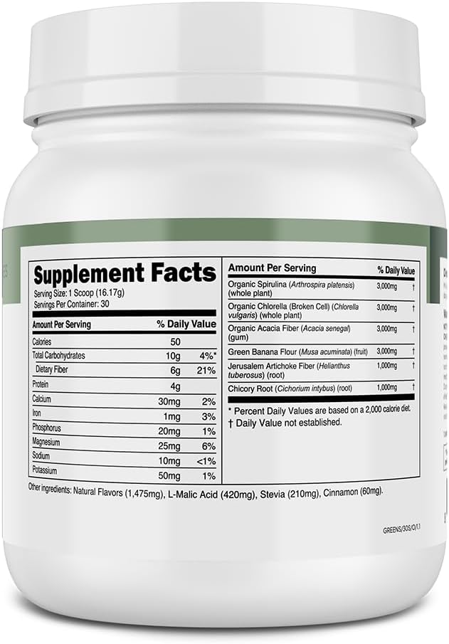 Organic Prebiotic Greens Superfood Powder with Spirulina & Antioxidants - 30 Servings, Unflavored
