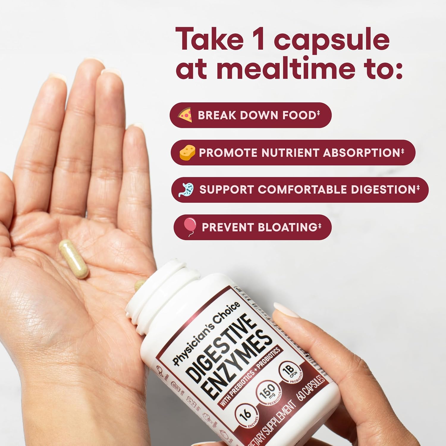 Organic Prebiotic & Probiotic Digestive Enzymes for Gut Health - Meal Time Relief - Physician's Choice - 60 CT