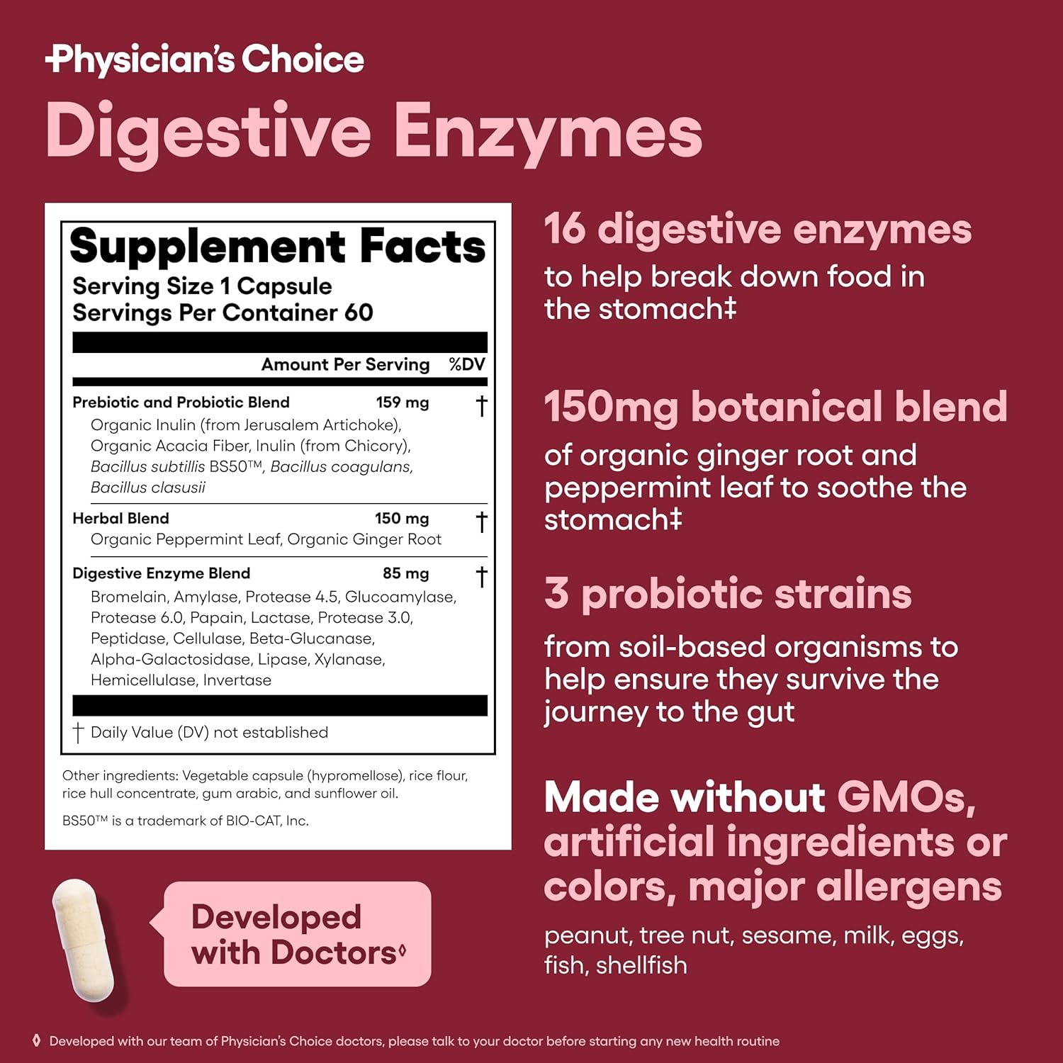 Organic Prebiotic & Probiotic Digestive Enzymes for Gut Health - Meal Time Relief - Physician's Choice - 60 CT