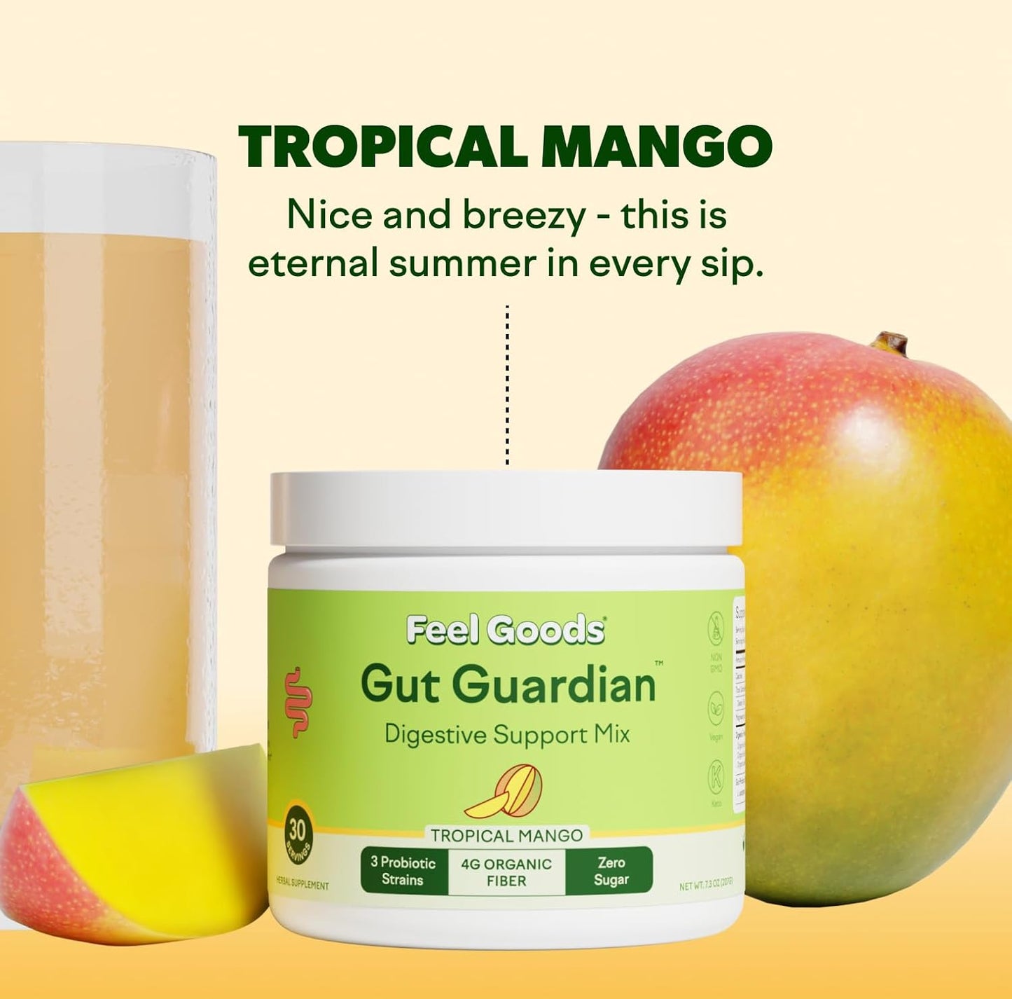 Organic Prebiotic & Probiotic Powder for Gut Health Support - Sugar Free, Non GMO, Vegan - Tropical Mango Flavor - 30CT