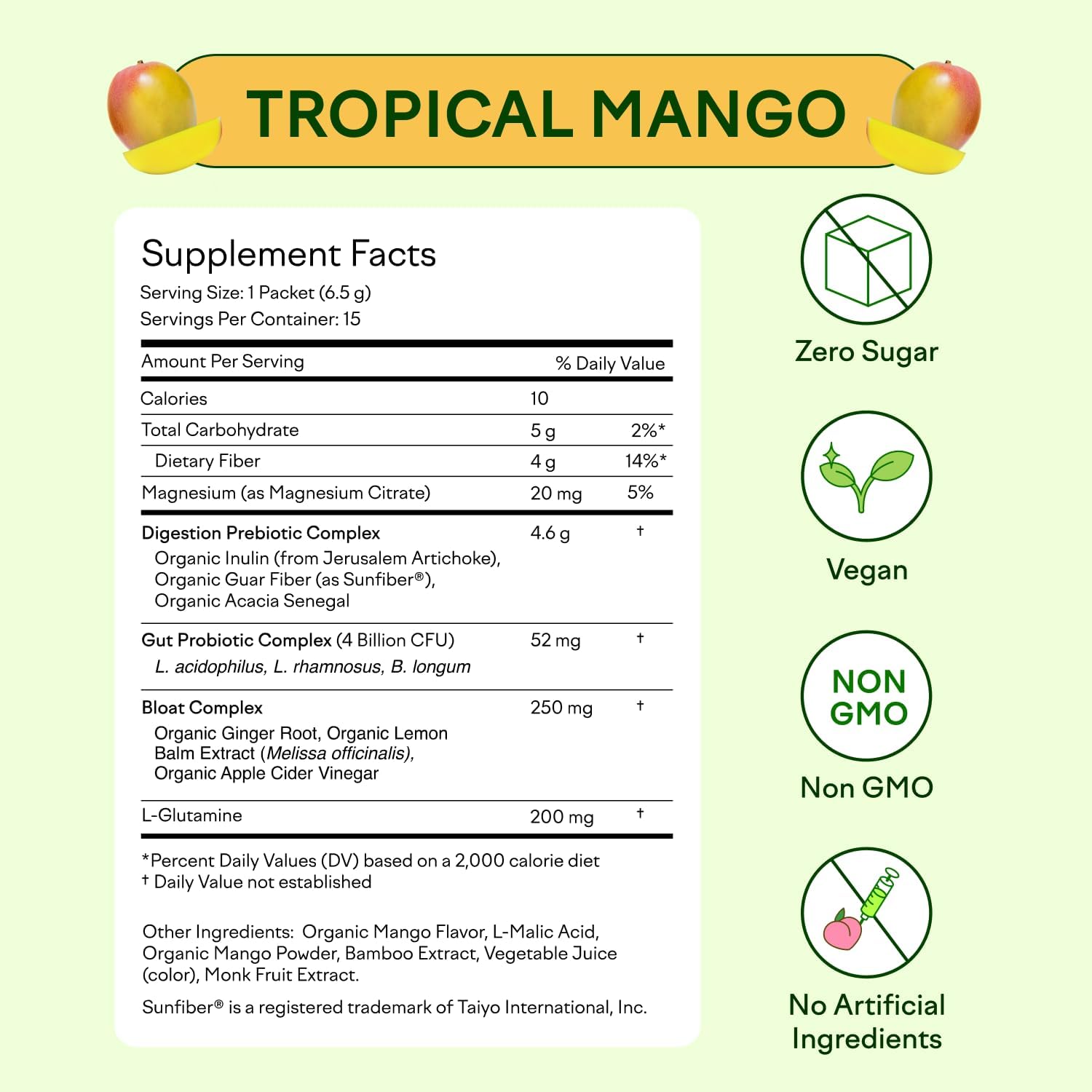 Organic Prebiotic & Probiotic Powder for Gut Health Support - Sugar Free, Non-GMO, Vegan - Tropical Mango Flavor - 15 Servings