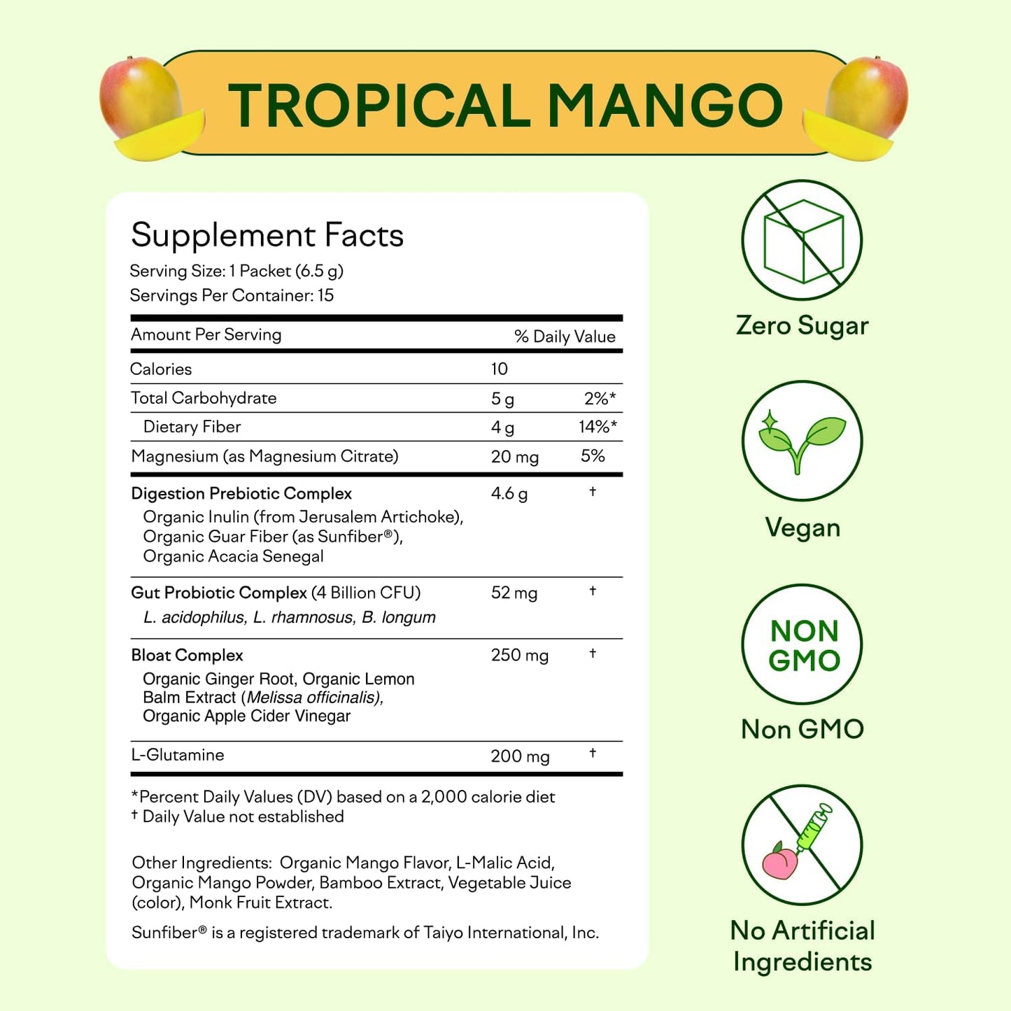 Organic Prebiotic & Probiotic Powder for Gut Health Support - Sugar Free, Non-GMO, Vegan - Tropical Mango Flavor - 15 Servings