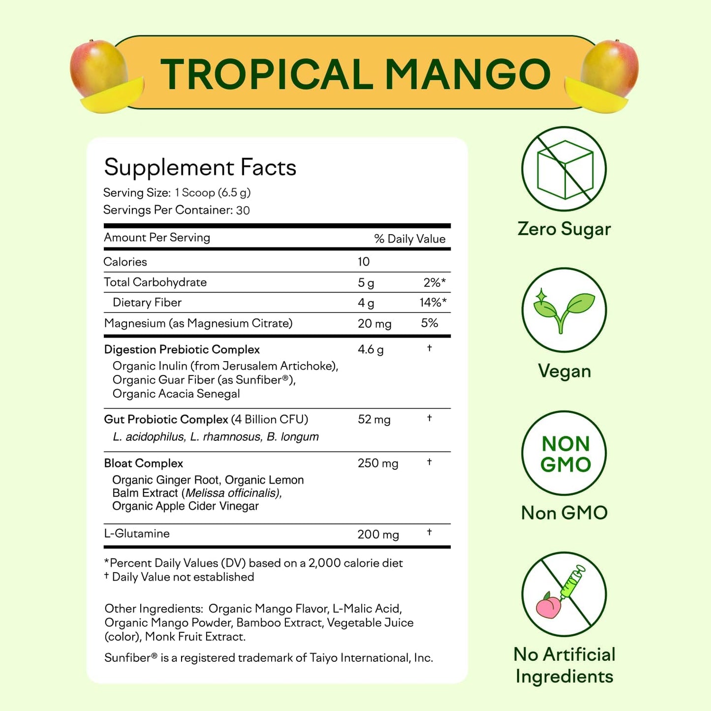 Organic Prebiotic & Probiotic Powder for Gut Health Support - Sugar Free, Non GMO, Vegan - Tropical Mango Flavor - 30CT