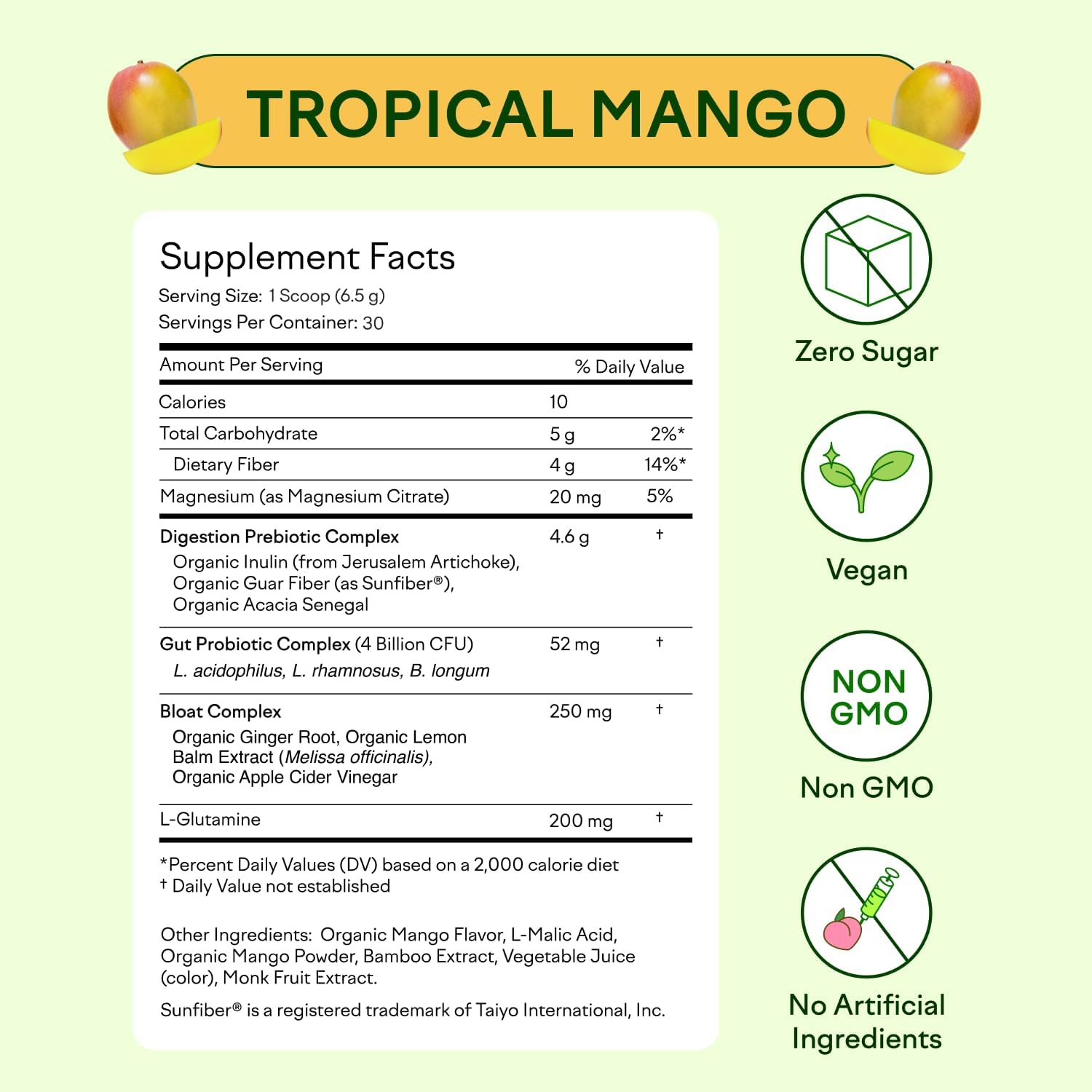 Organic Prebiotic & Probiotic Powder for Gut Health Support - Sugar Free, Non GMO, Vegan - Tropical Mango Flavor - 30CT