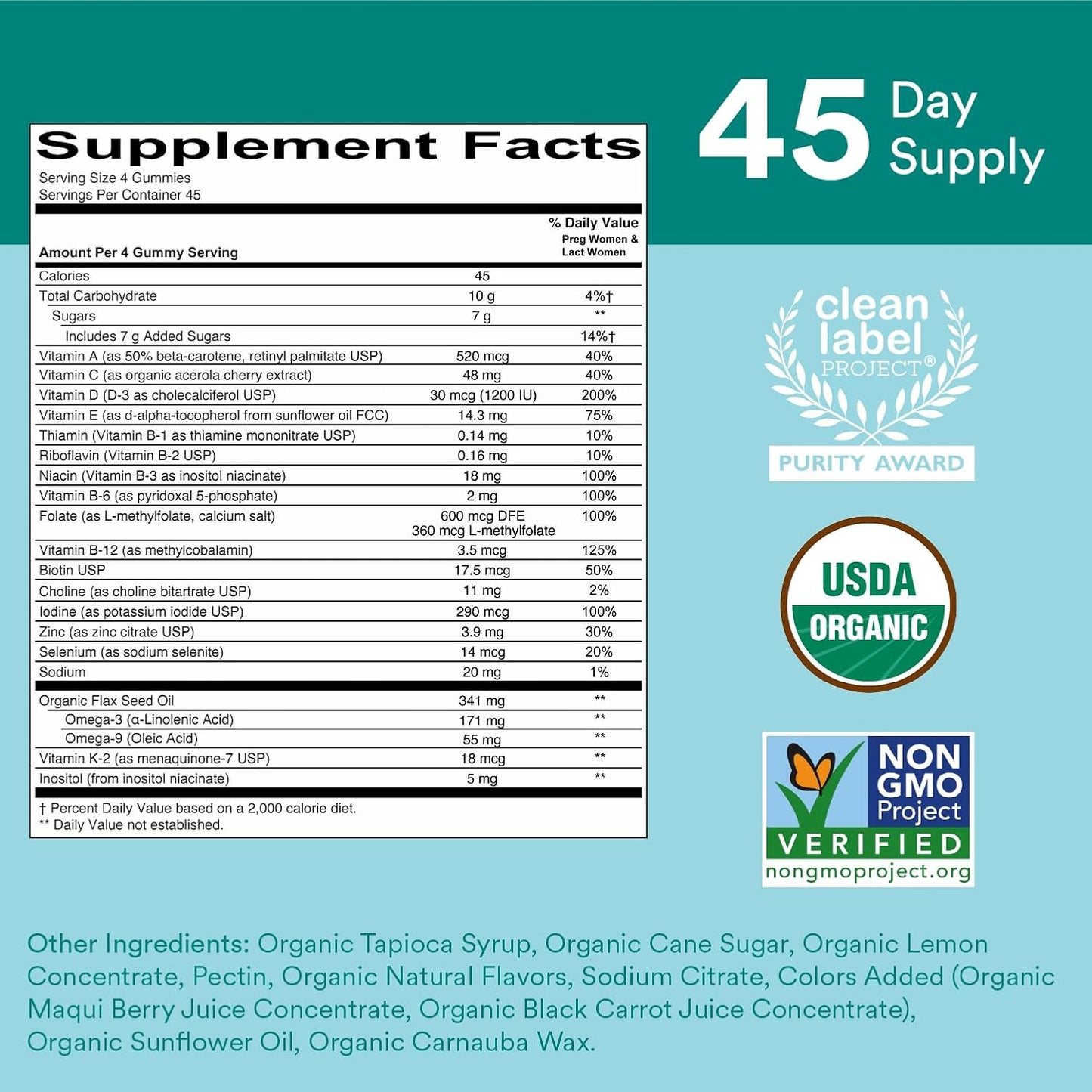 Organic Prenatal Multivitamin Gummies with Omega 3, Biotin, Methylfolate, and Zinc - 180 Count