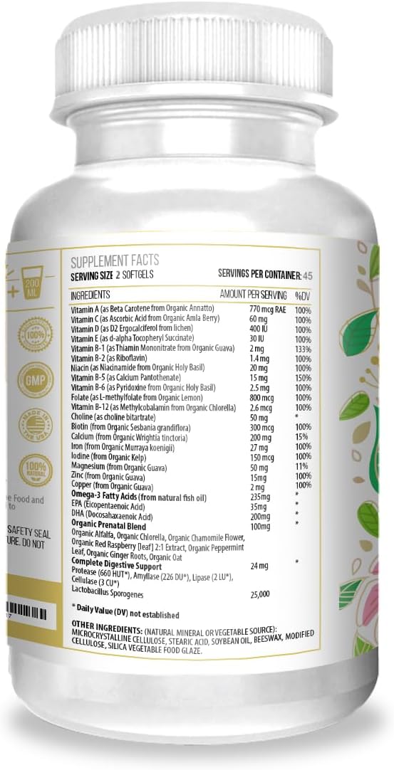 Organic Prenatal Vitamin with 25+ Vitamins, DHA, EPA, Omega 3, Herbal Blend - Non-GMO, 90 Count