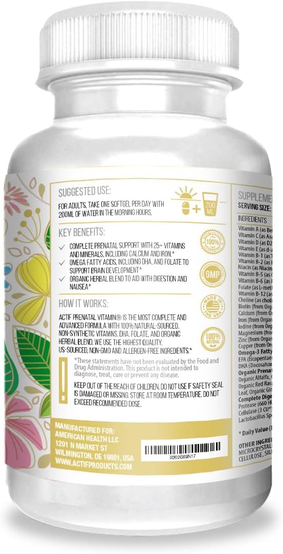Organic Prenatal Vitamin with 25+ Vitamins, DHA, EPA, Omega 3, Herbal Blend - Non-GMO, 90 Count