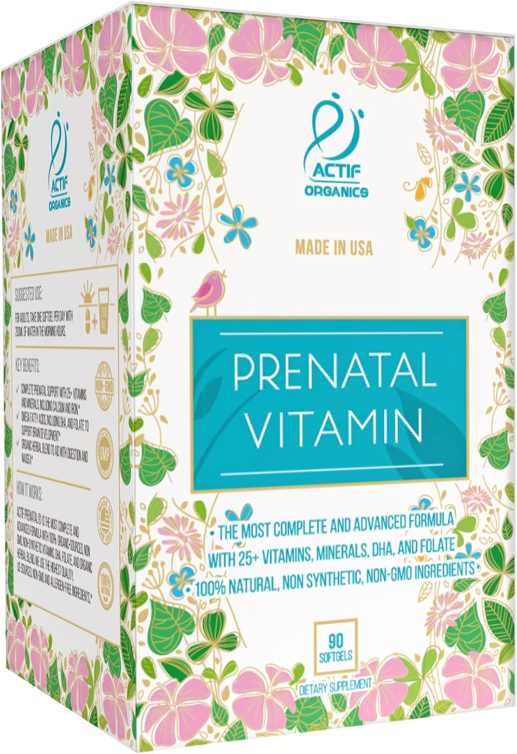 Organic Prenatal Vitamin with 25+ Vitamins, DHA, EPA, Omega 3, Herbal Blend - Non-GMO, 90 Count