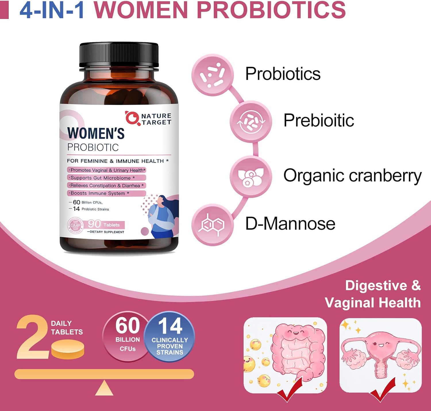 Organic Probiotic Blend for Women - 60 Billion CFUs, Prebiotics, Cranberry, D-Mannose - Digestive & Immune Support