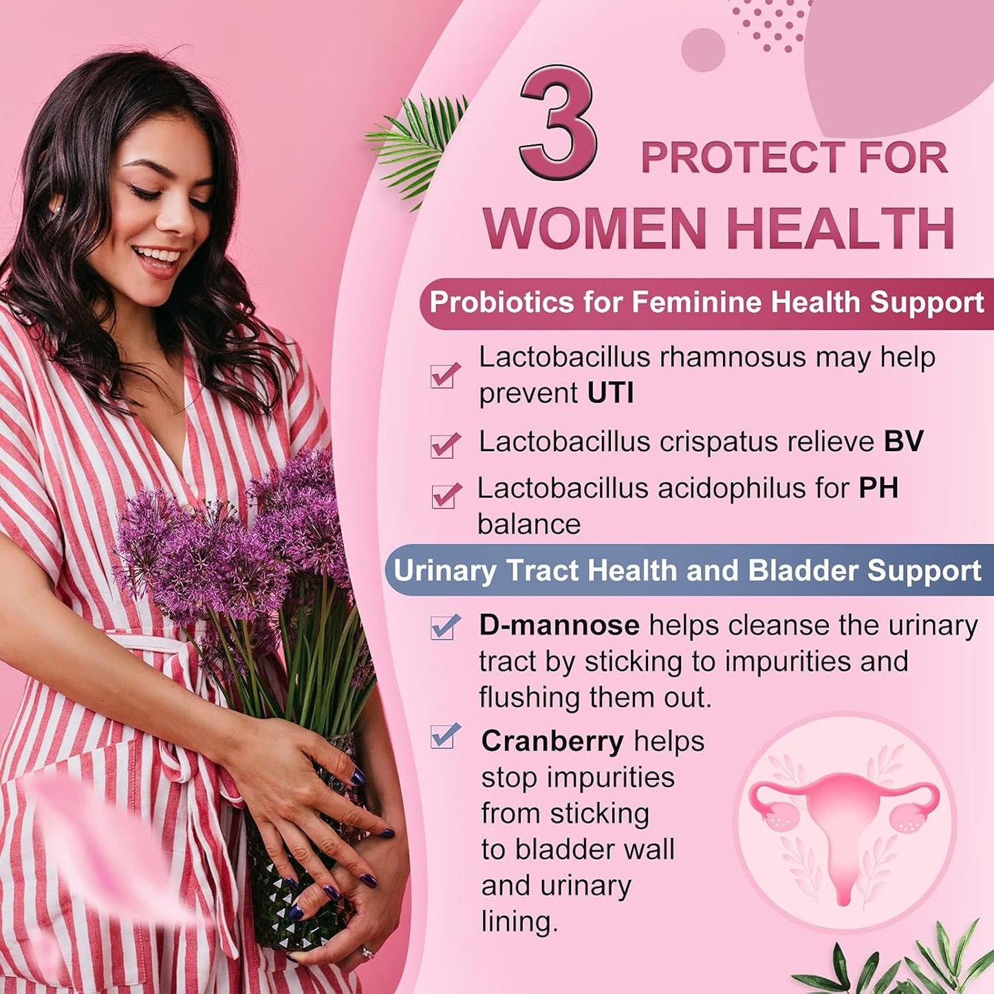 Organic Probiotic Blend for Women - 60 Billion CFUs, Prebiotics, Cranberry, D-Mannose - Digestive & Immune Support