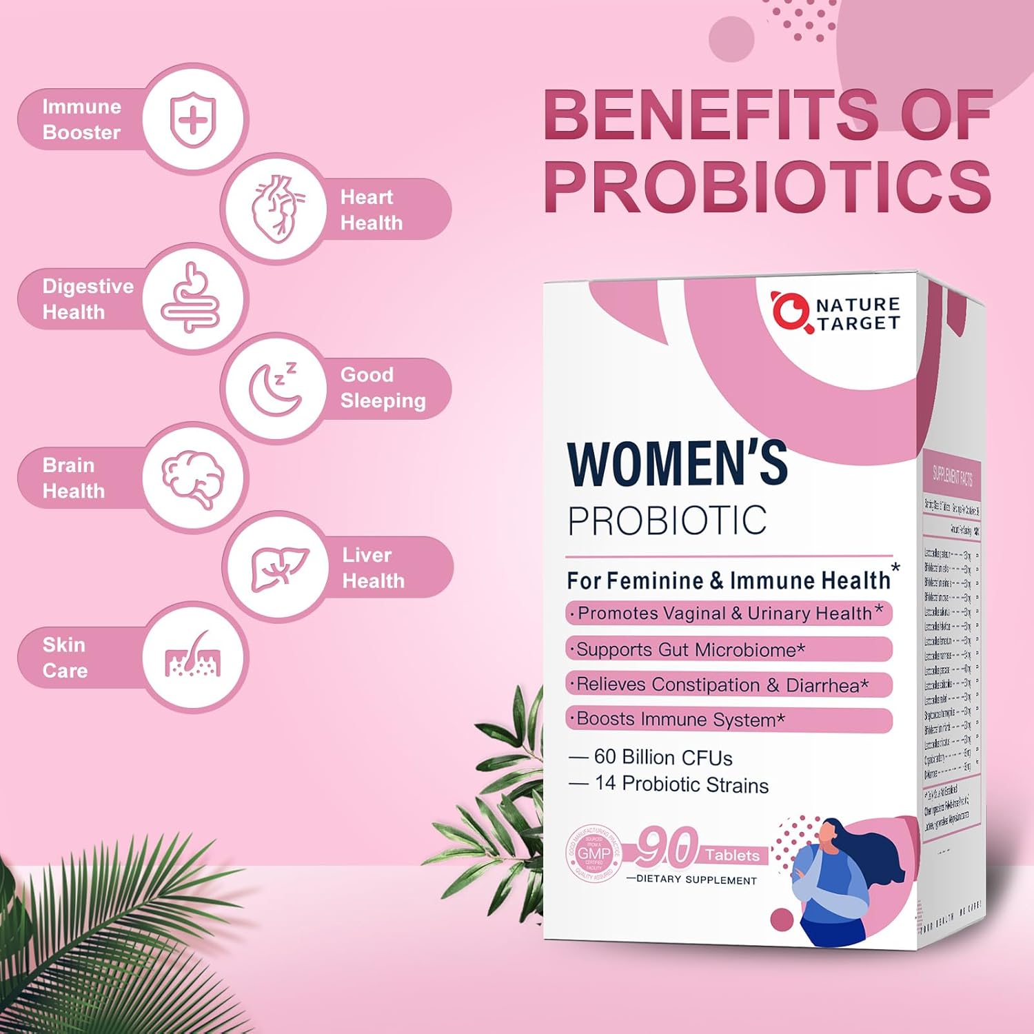 Organic Probiotic Blend for Women - 60 Billion CFUs, Prebiotics, Cranberry, D-Mannose - Digestive & Immune Support