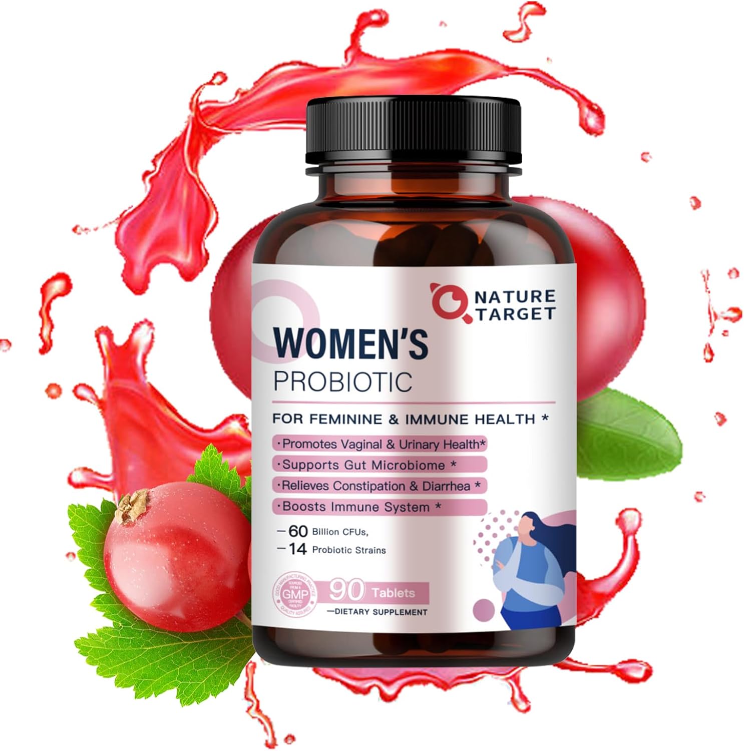 Organic Probiotic Blend for Women - 60 Billion CFUs, Prebiotics, Cranberry, D-Mannose - Digestive & Immune Support