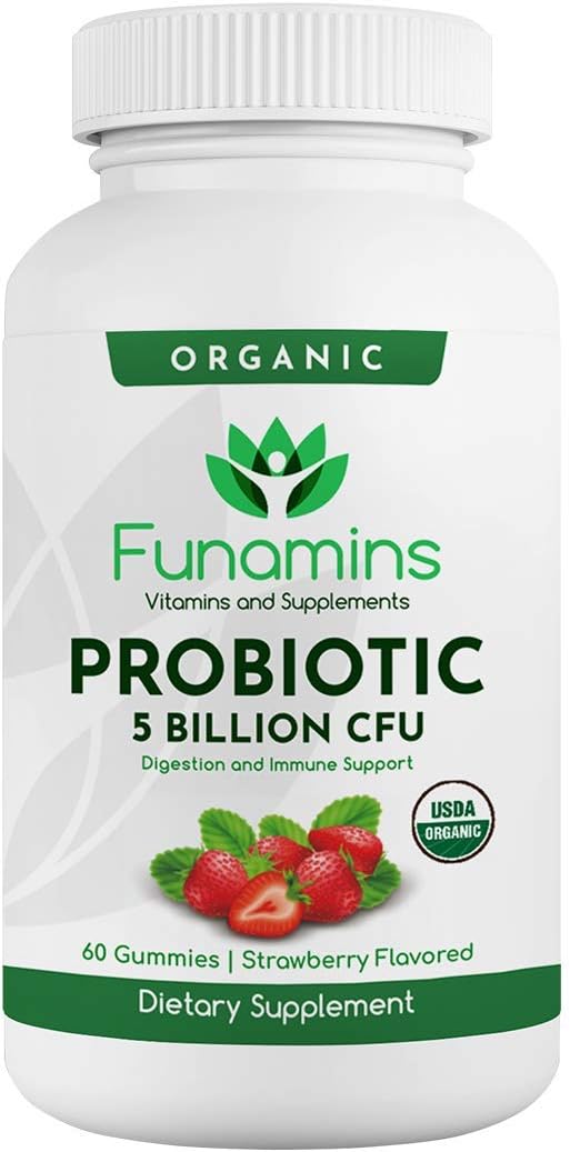 Organic Probiotic Gummies for Digestive Health, 5 Billion CFU, 60 Count, Vegan, Immune Support, Women & Kids, Strawberry Flavor