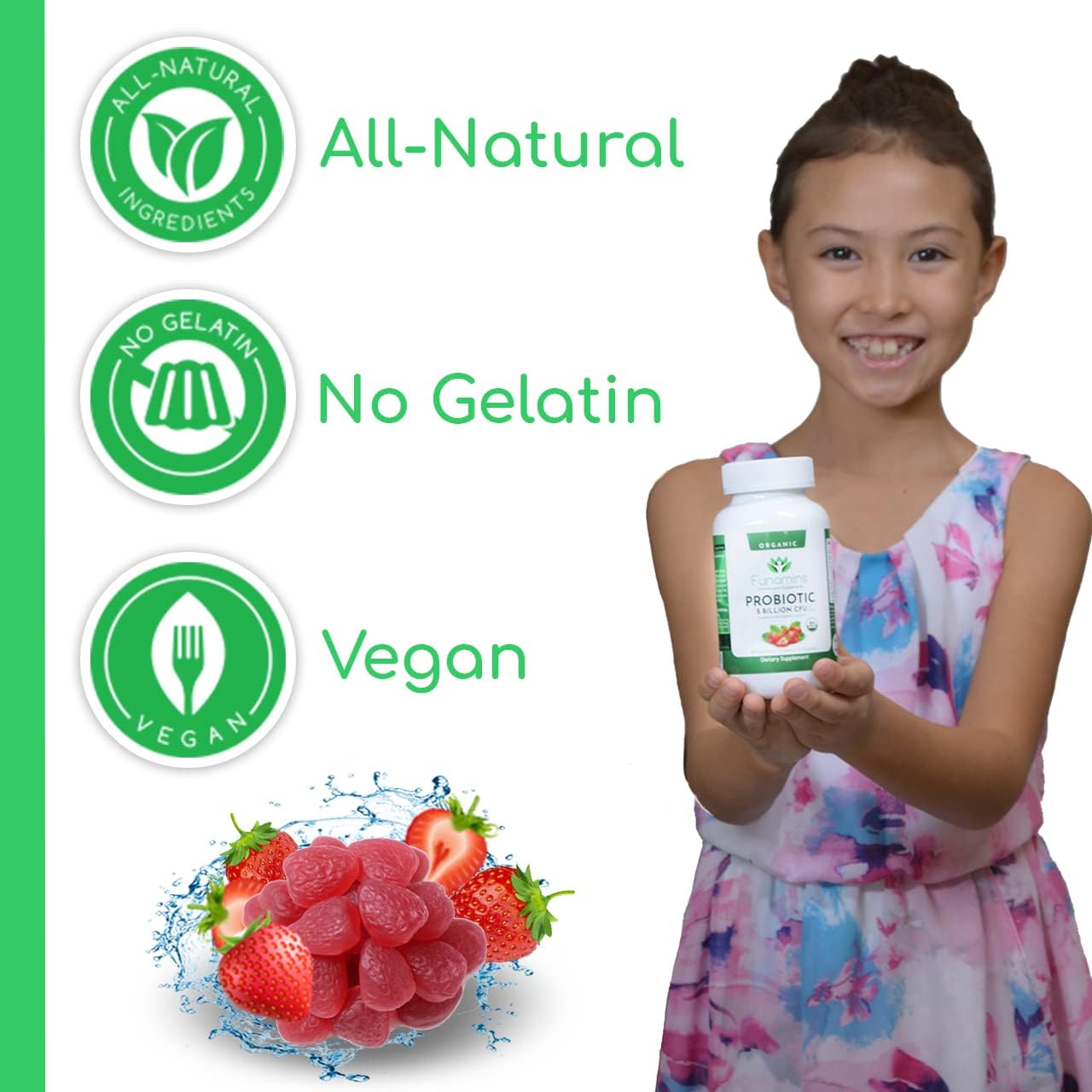 Organic Probiotic Gummies for Digestive Health, 5 Billion CFU, 60 Count, Vegan, Immune Support, Women & Kids, Strawberry Flavor