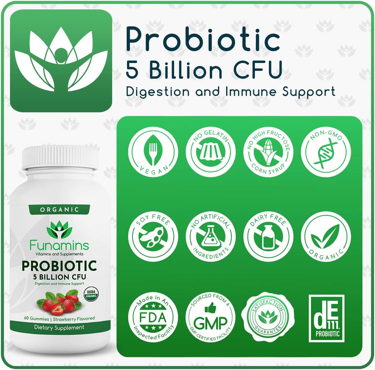 Organic Probiotic Gummies for Digestive Health, 5 Billion CFU, 60 Count, Vegan, Immune Support, Women & Kids, Strawberry Flavor