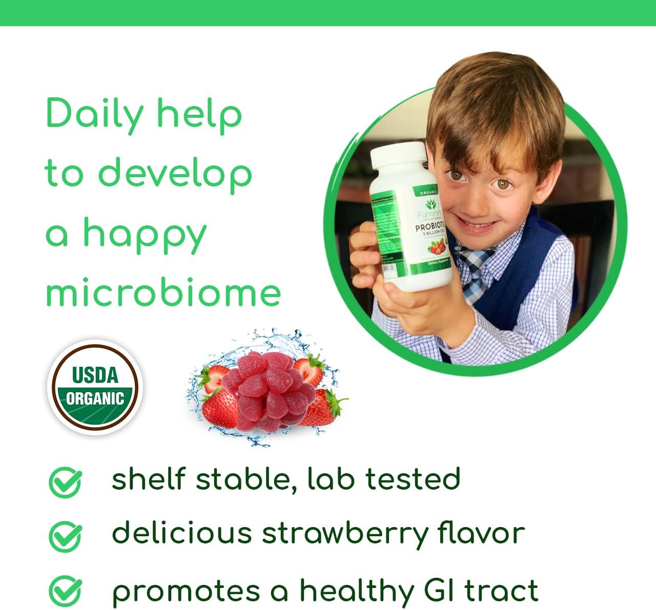 Organic Probiotic Gummies for Digestive Health, 5 Billion CFU, 60 Count, Vegan, Immune Support, Women & Kids, Strawberry Flavor