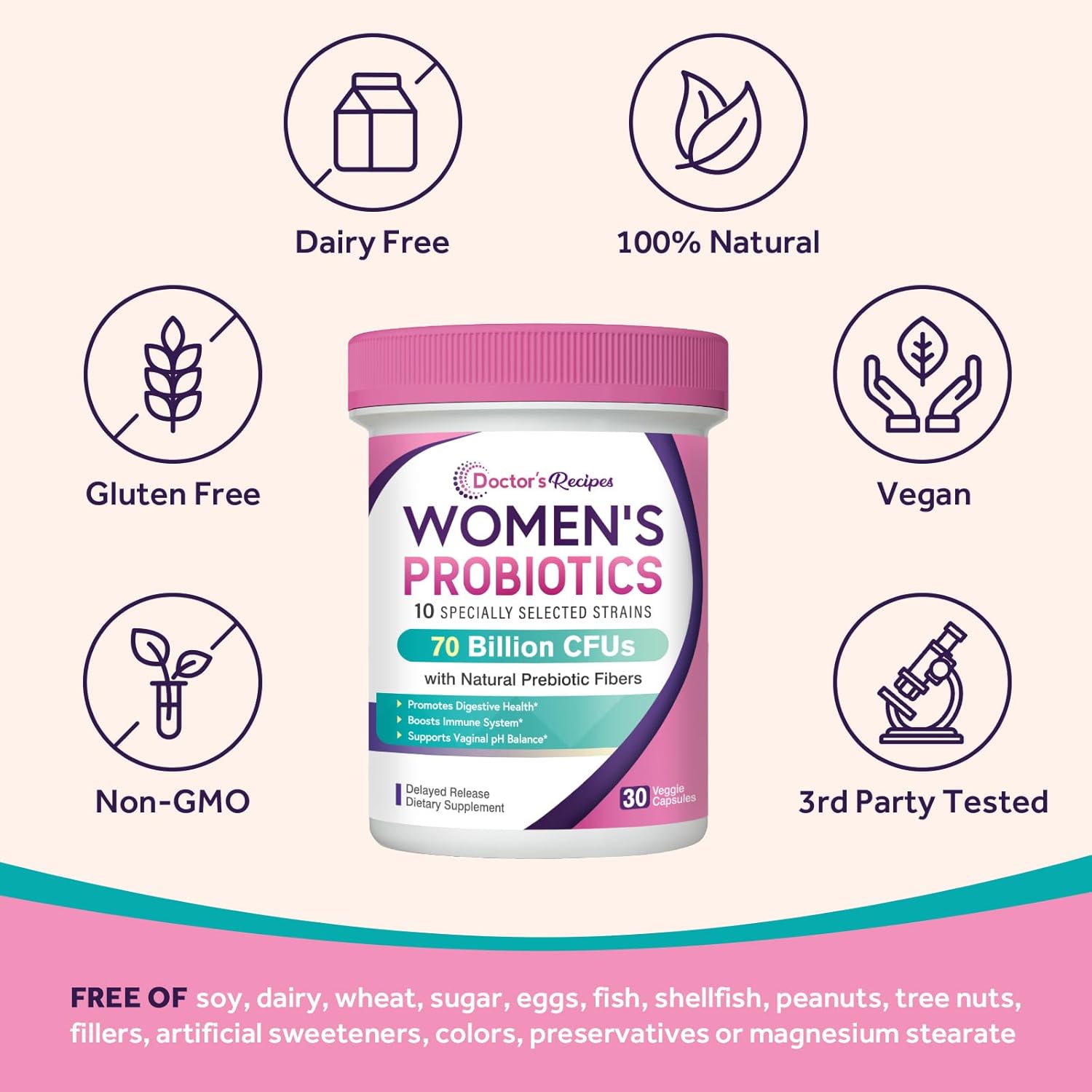 Organic Probiotics for Women - Doctor's Recipe for Digestive & Vaginal Health, 70 Billion CFU, 10 Strains, 30 Capsules