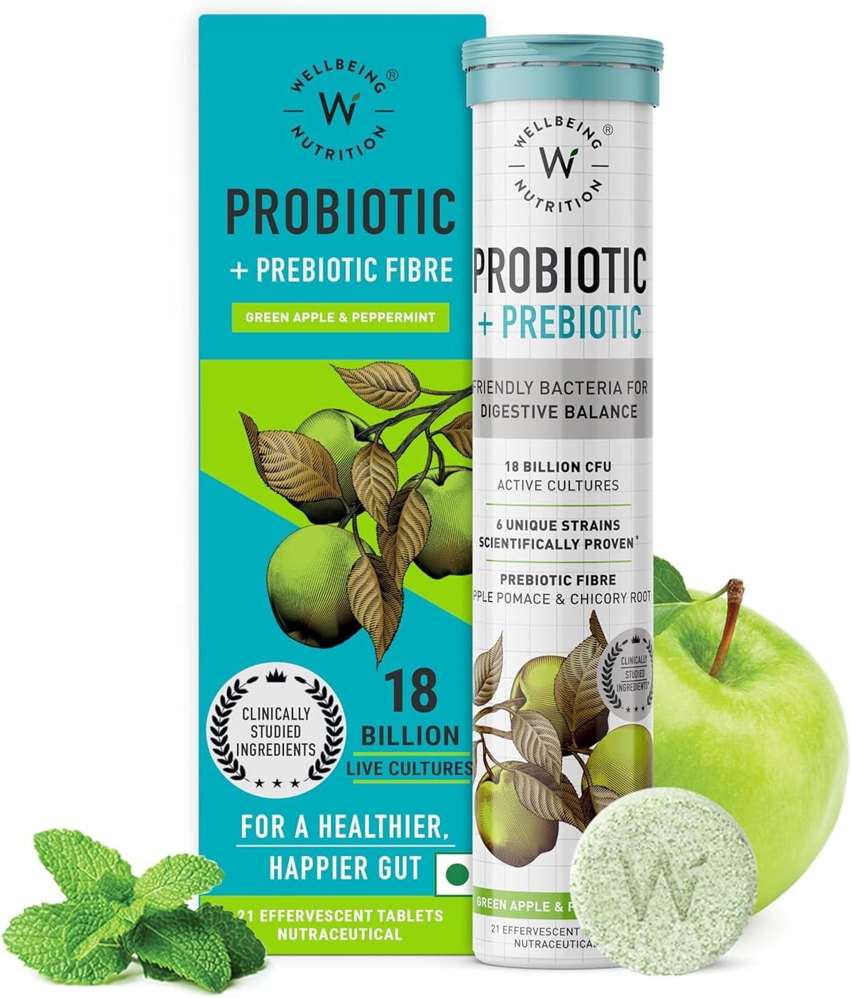 Organic Probiotics with Prebiotics for Gut Health | Boost Metabolism & Aid Digestion | 18 Billion CFU Supplement (21 Effervescent Tabs)