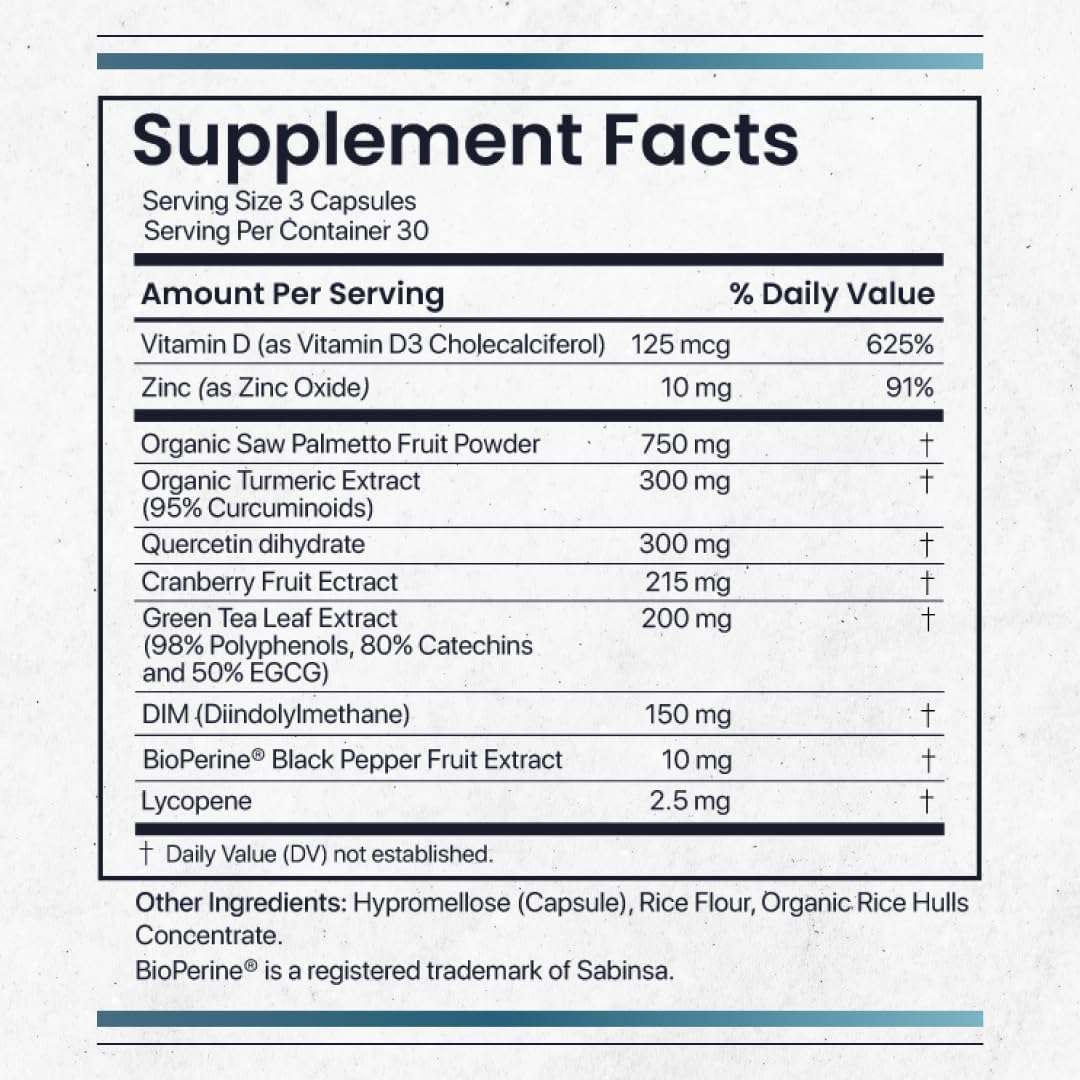 Organic Prostate Support Capsules with Saw Palmetto, Turmeric, Green Tea, and Cranberry - Men's Health and Urinary Support - 90 Count