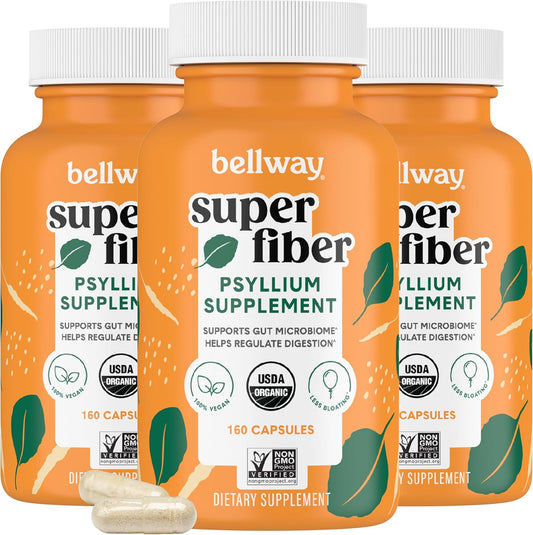 Organic Psyllium Husk Fiber Capsules (3 Pack) - Plant Based Digestive Health Supplement - Non-GMO, Kosher - 480 Capsules