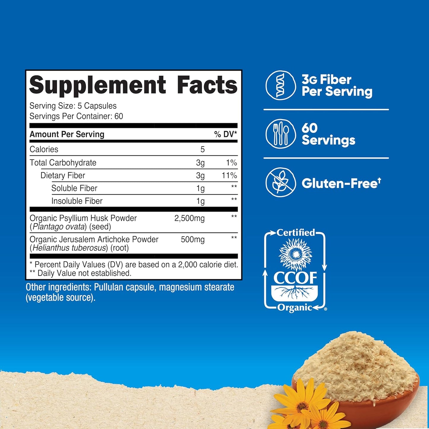 Organic Psyllium Husk & Jerusalem Artichoke Fiber Capsules - 300 Capsules, 60 Servings, Gluten Free, 3g Per Serving - Nutricost Prebiotic Fiber Supplement